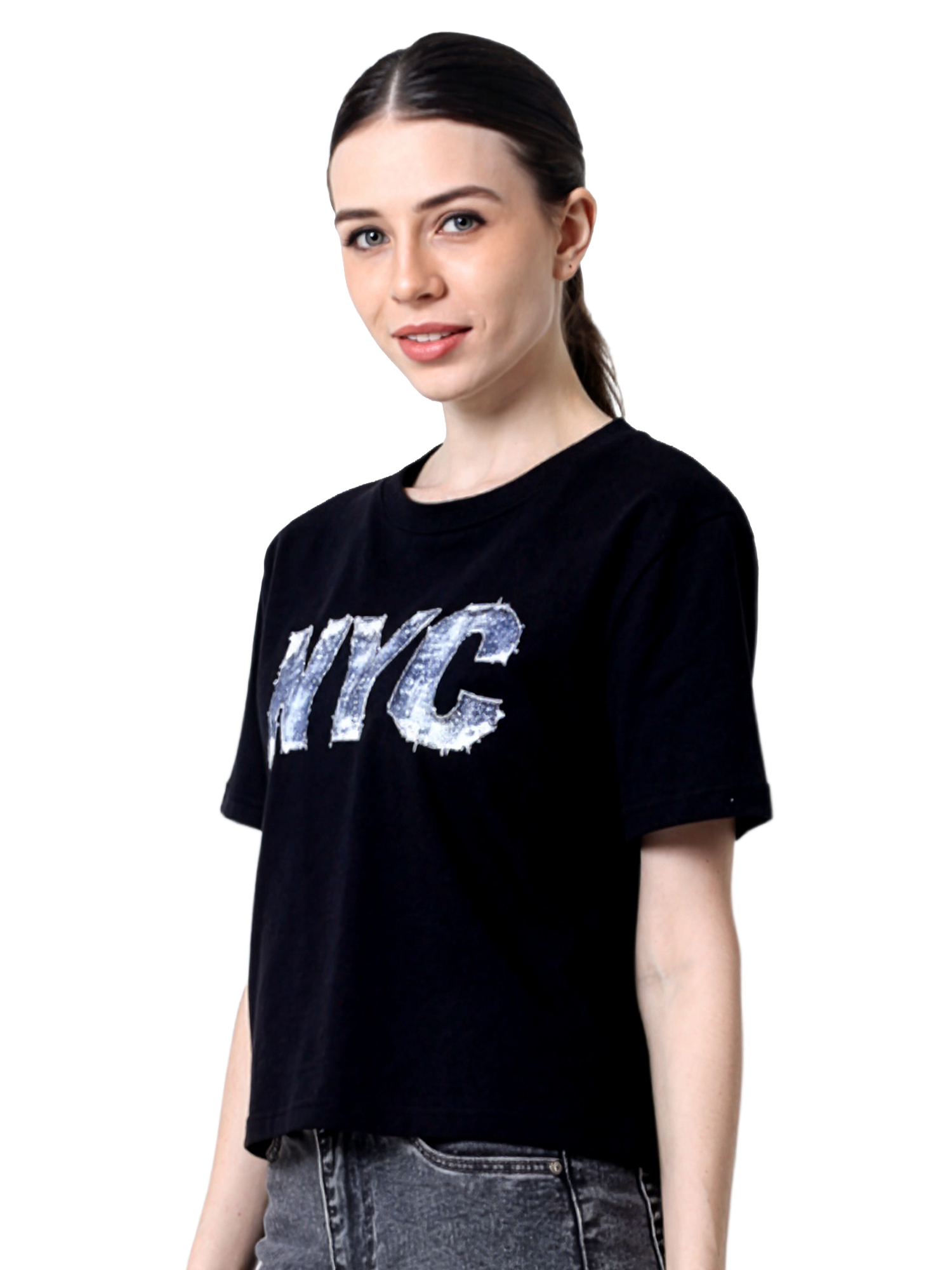 KYLIE - Women's Black Crop Tshirt view 2