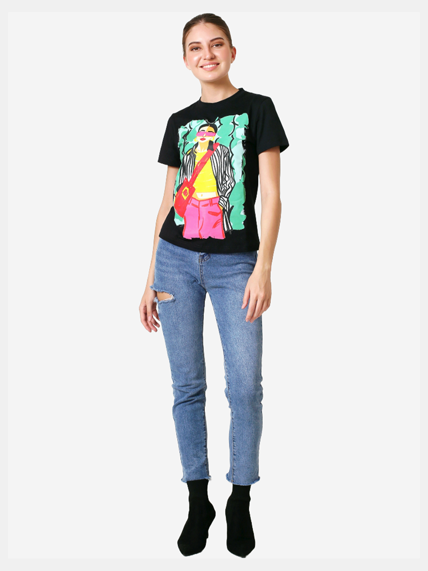 CAROL - Women's Black Regular Fit Tshirt view 3