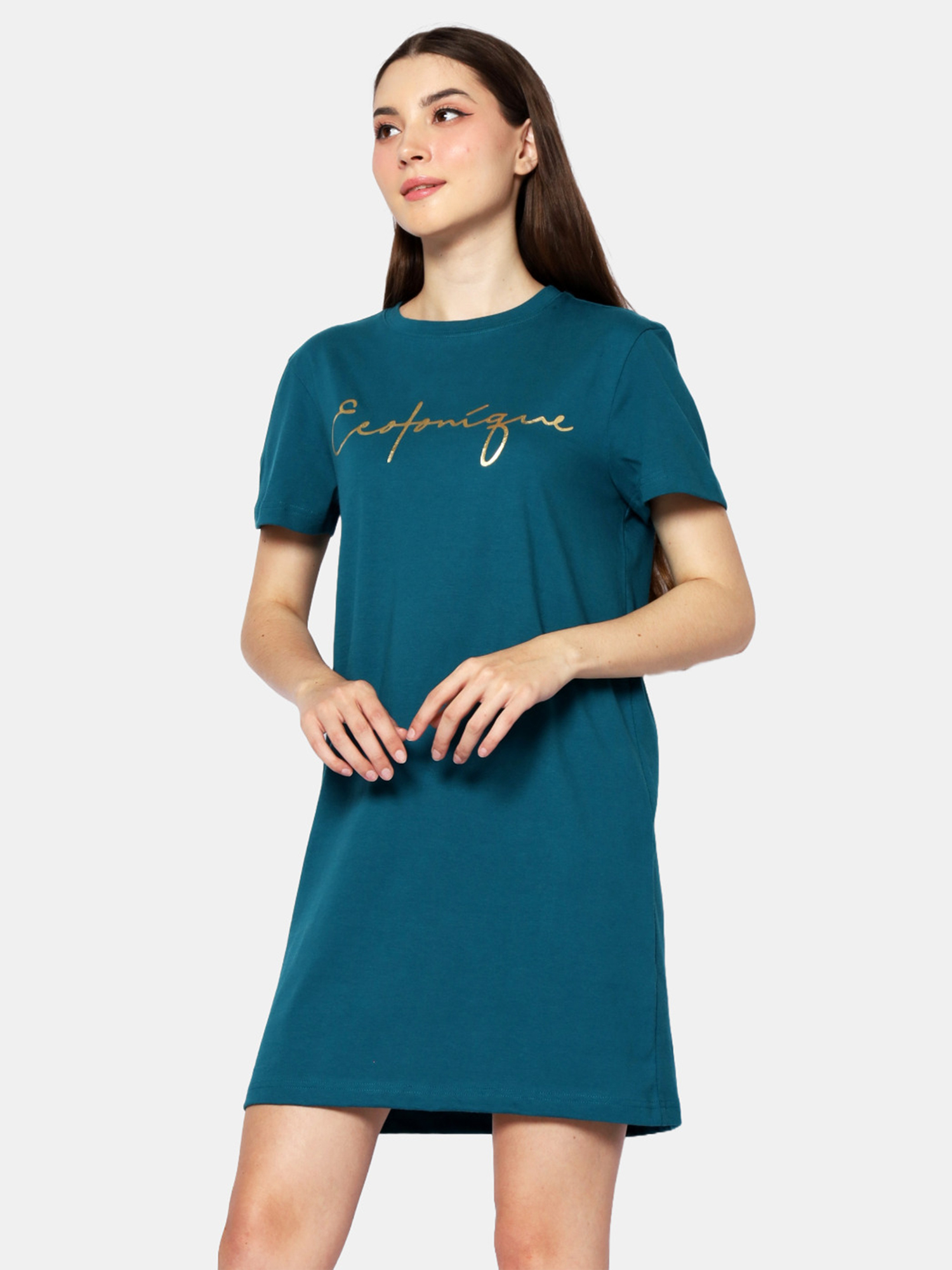 BRIANNA - Women's Cotton Green TShirt Dress view 3