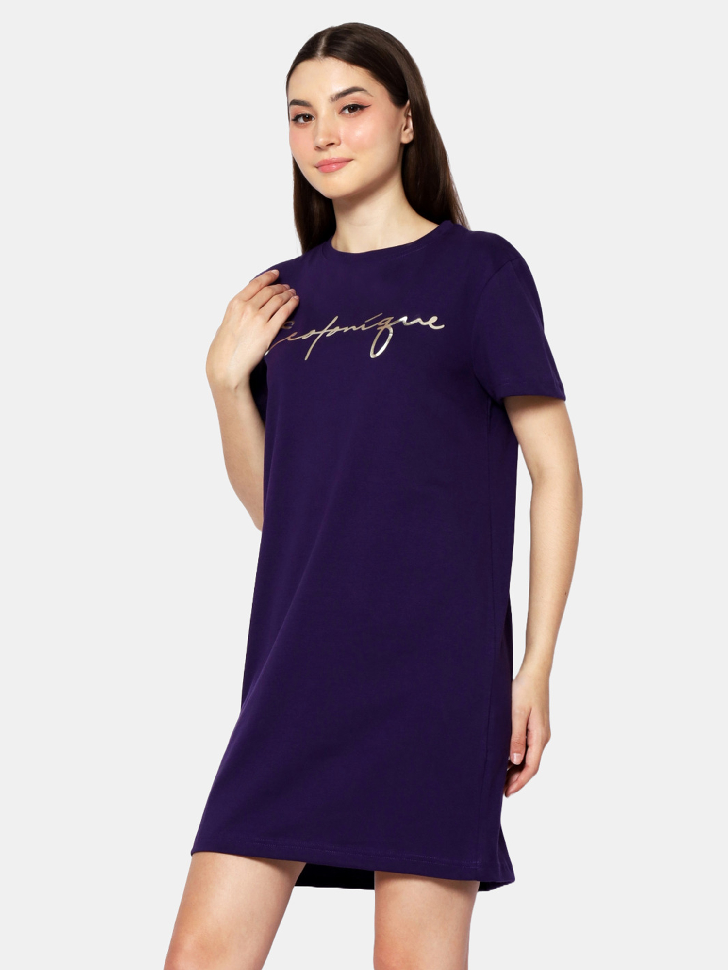 BRIANNA - Women's Cotton Purple T-Shirt Dress view 3