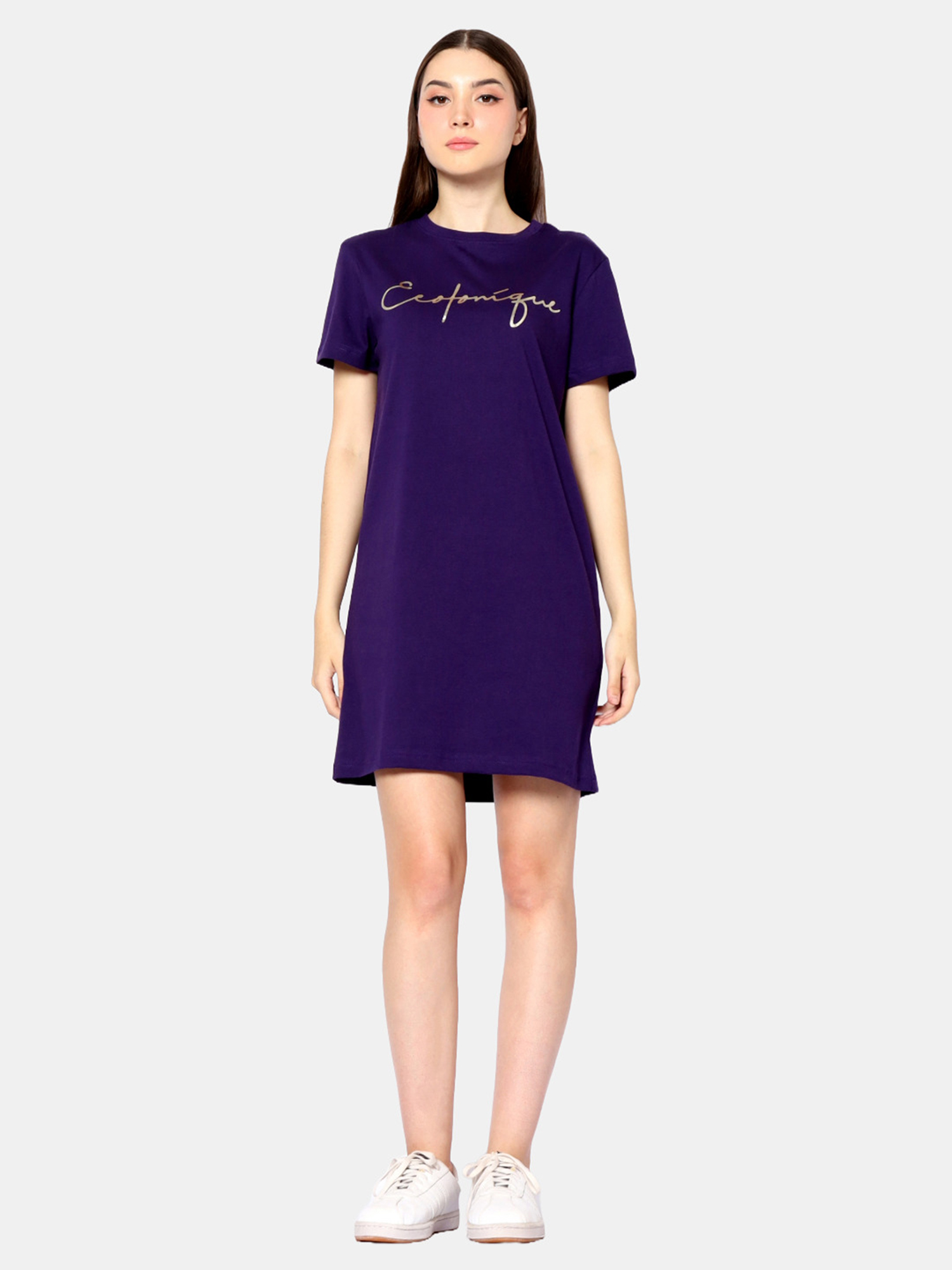 BRIANNA - Women's Cotton Purple T-Shirt Dress view 4