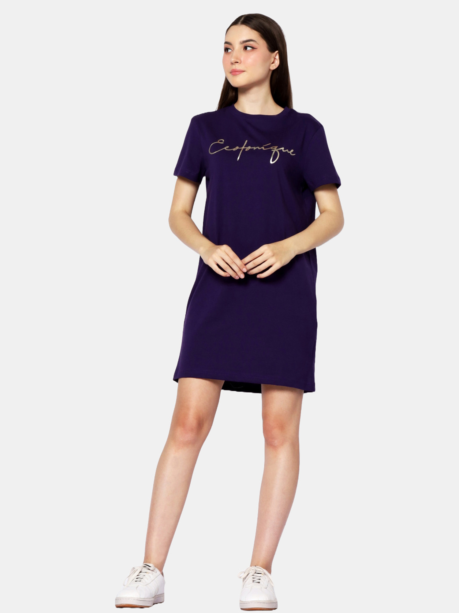 BRIANNA - Women's Cotton Purple T-Shirt Dress view 2