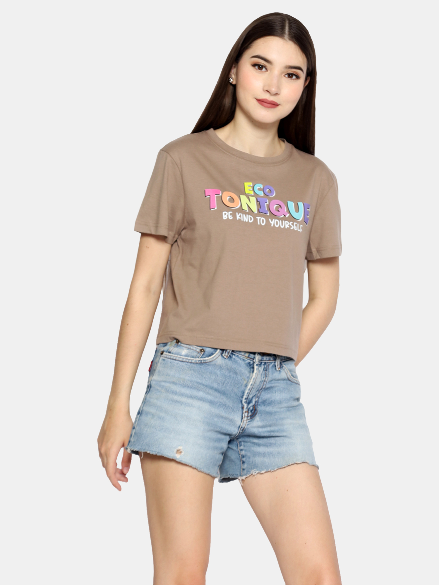 DOLLY - Women's Cotton Brown Crop Tshirt view 3