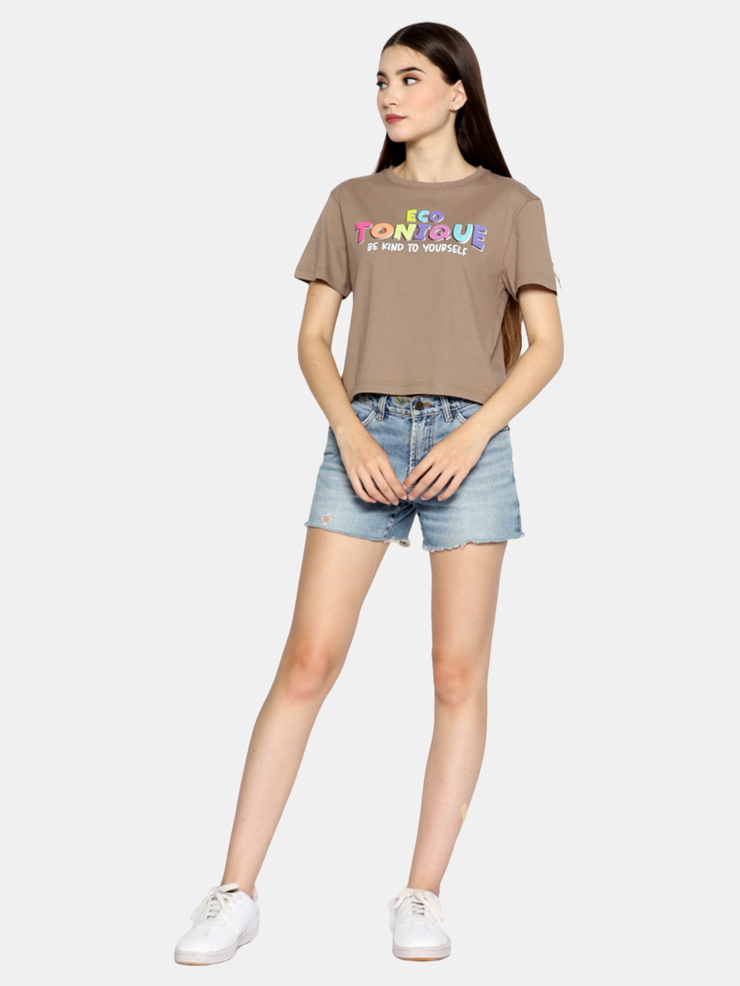 DOLLY - Women's Cotton Brown Crop Tshirt view 2