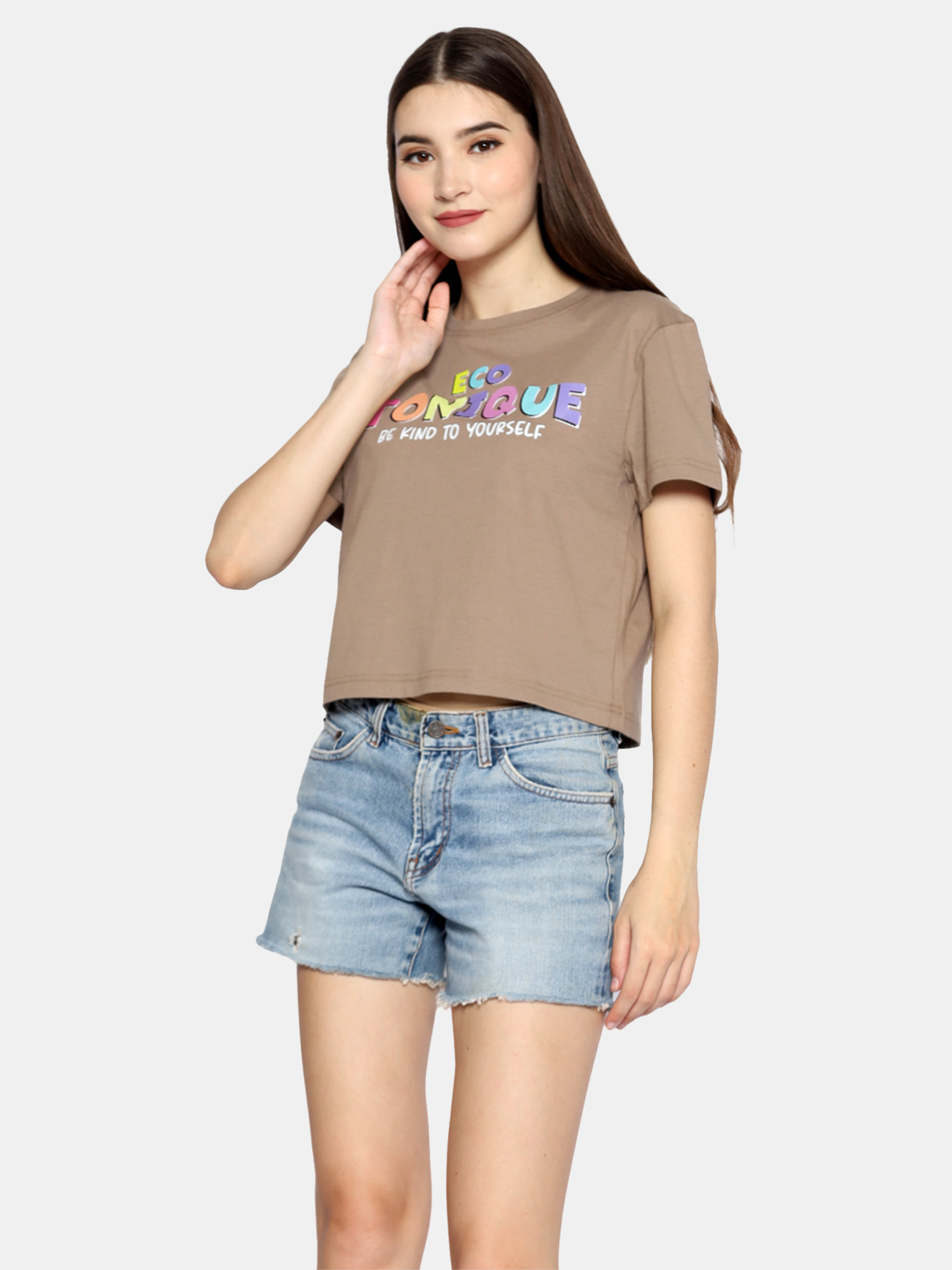 DOLLY - Women's Cotton Brown Crop Tshirt view 4