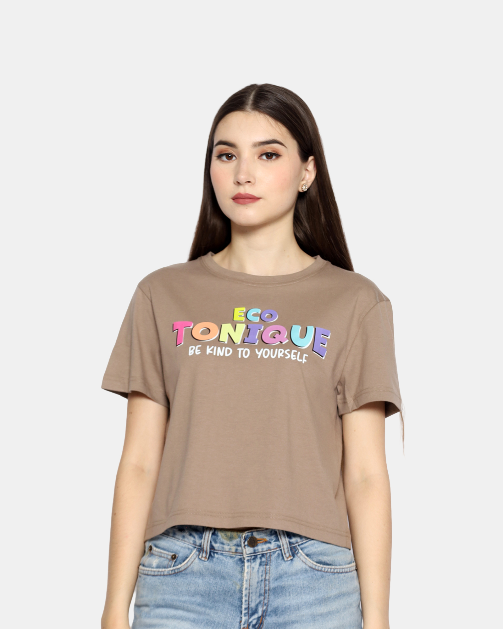 DOLLY - Women's Cotton Brown Crop Tshirt view 5