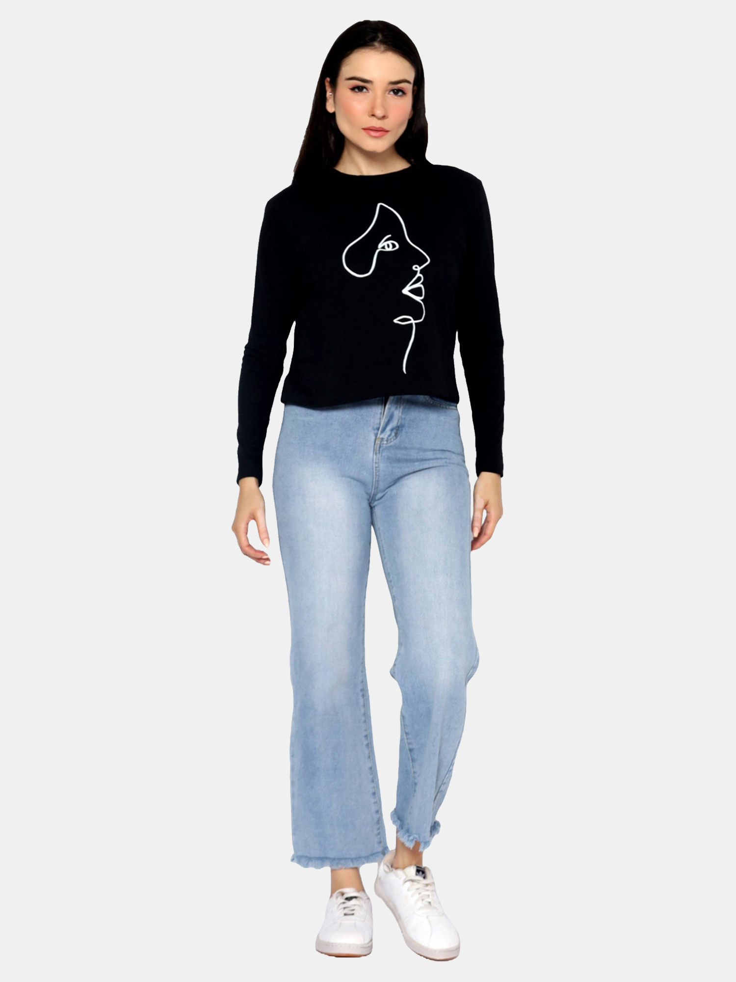 GABRIELLA - Women's Cotton Black Full Sleeve Crop Tshirt
