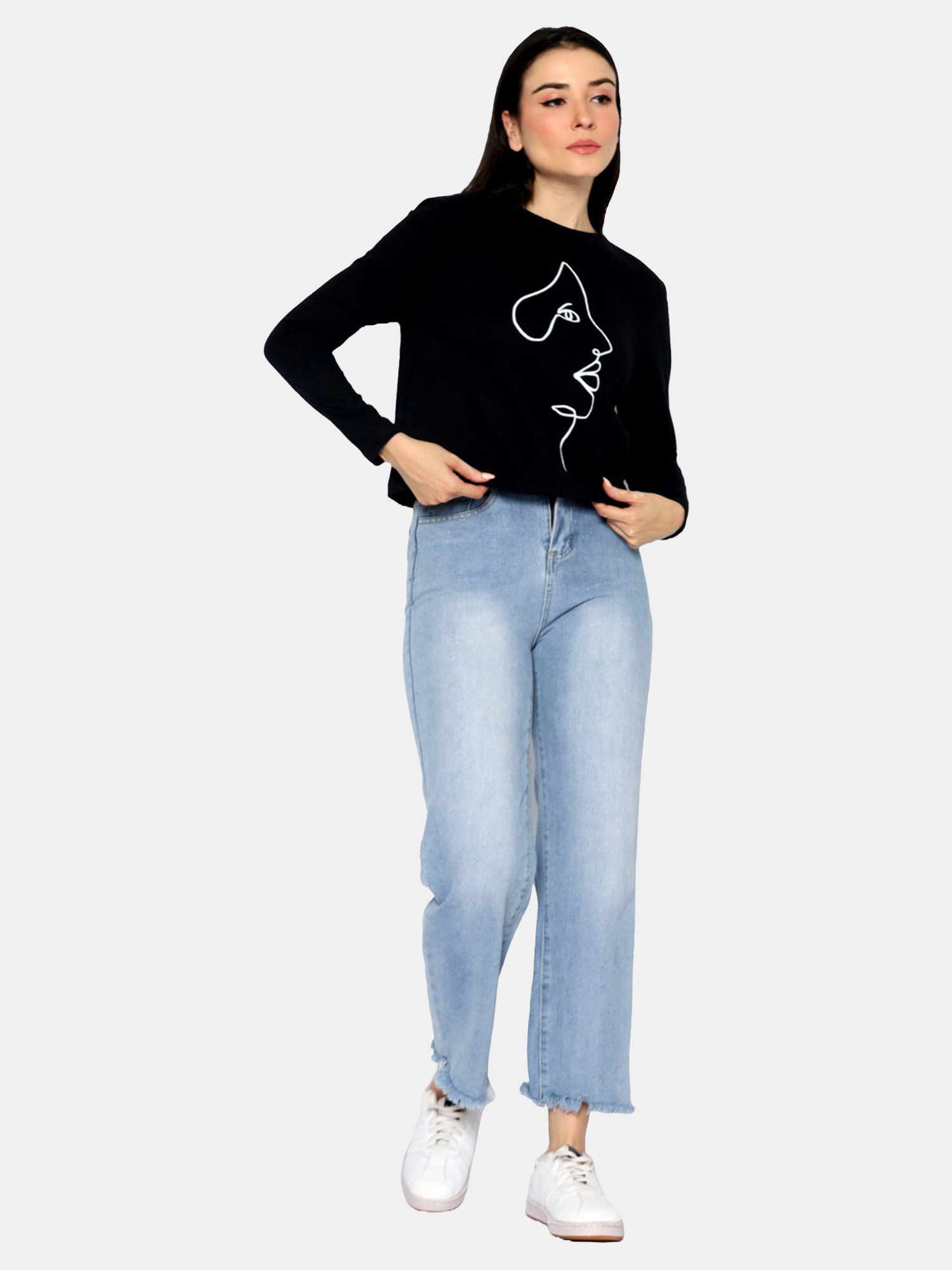 GABRIELLA - Women's Cotton Black Full Sleeve Crop Tshirt view 2