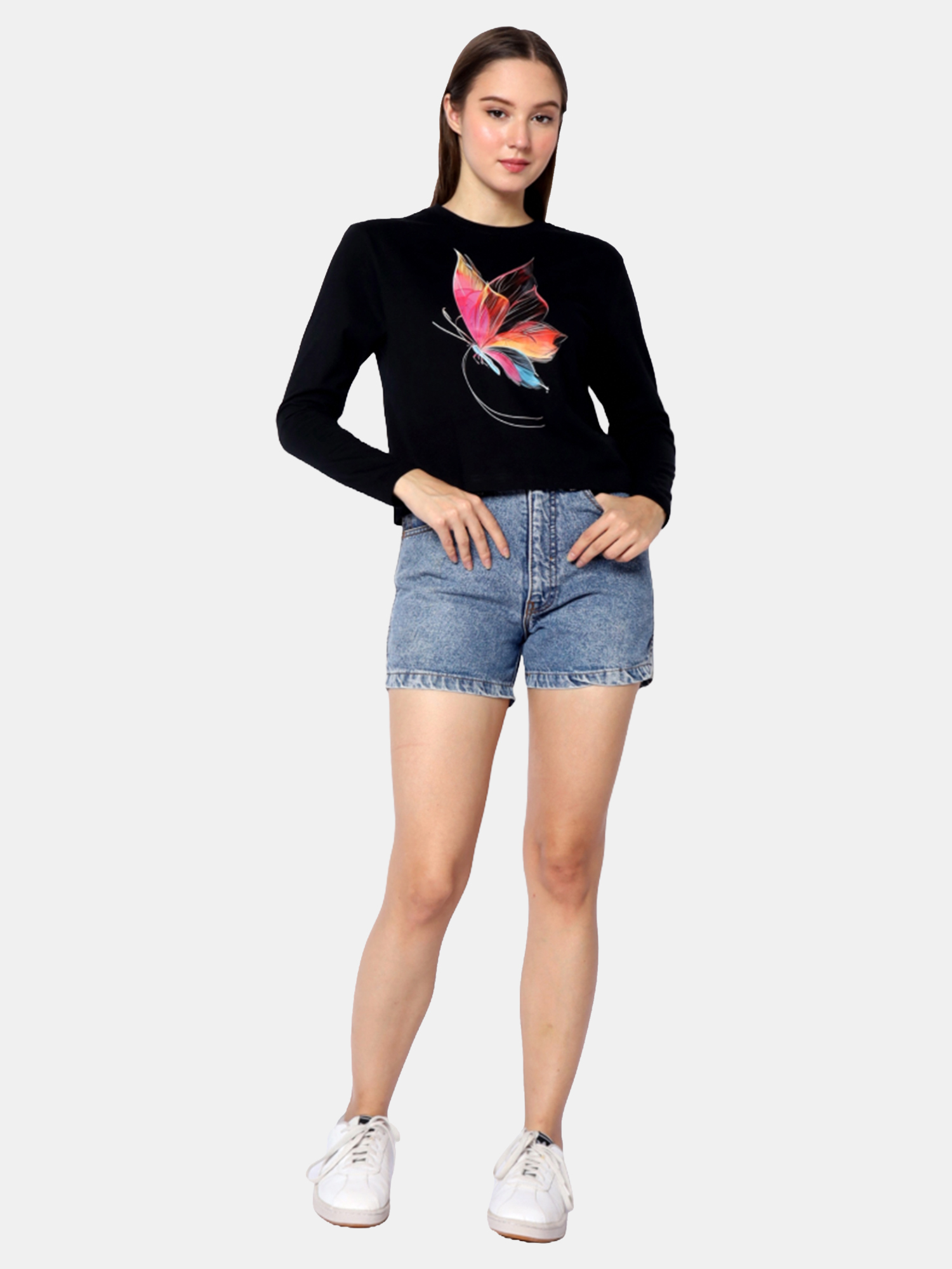 GRACE - Women's Cotton Black Full Sleeve Crop Tshirt view 2