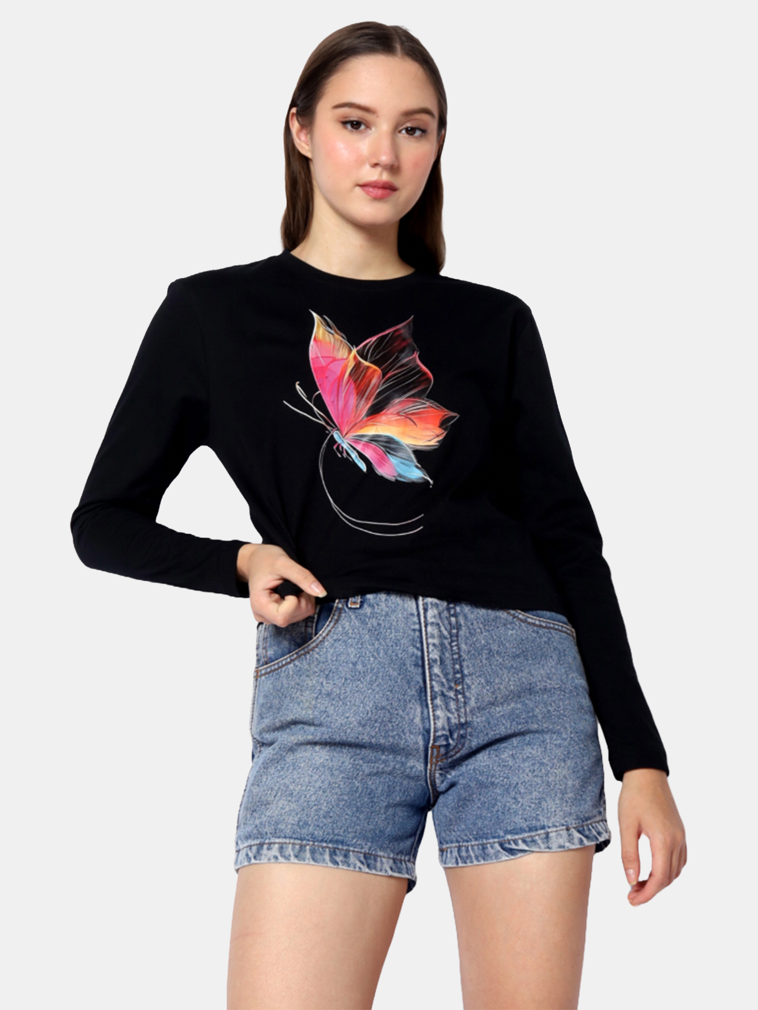 GRACE - Women's Cotton Black Full Sleeve Crop Tshirt view 5