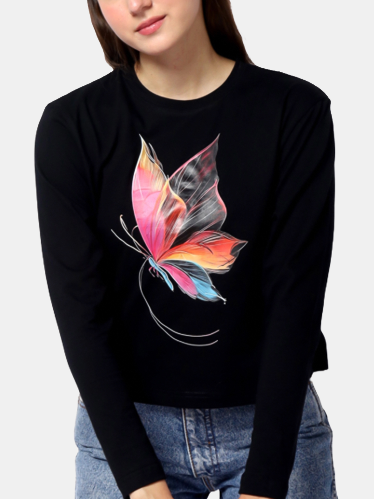 GRACE - Women's Cotton Black Full Sleeve Crop Tshirt