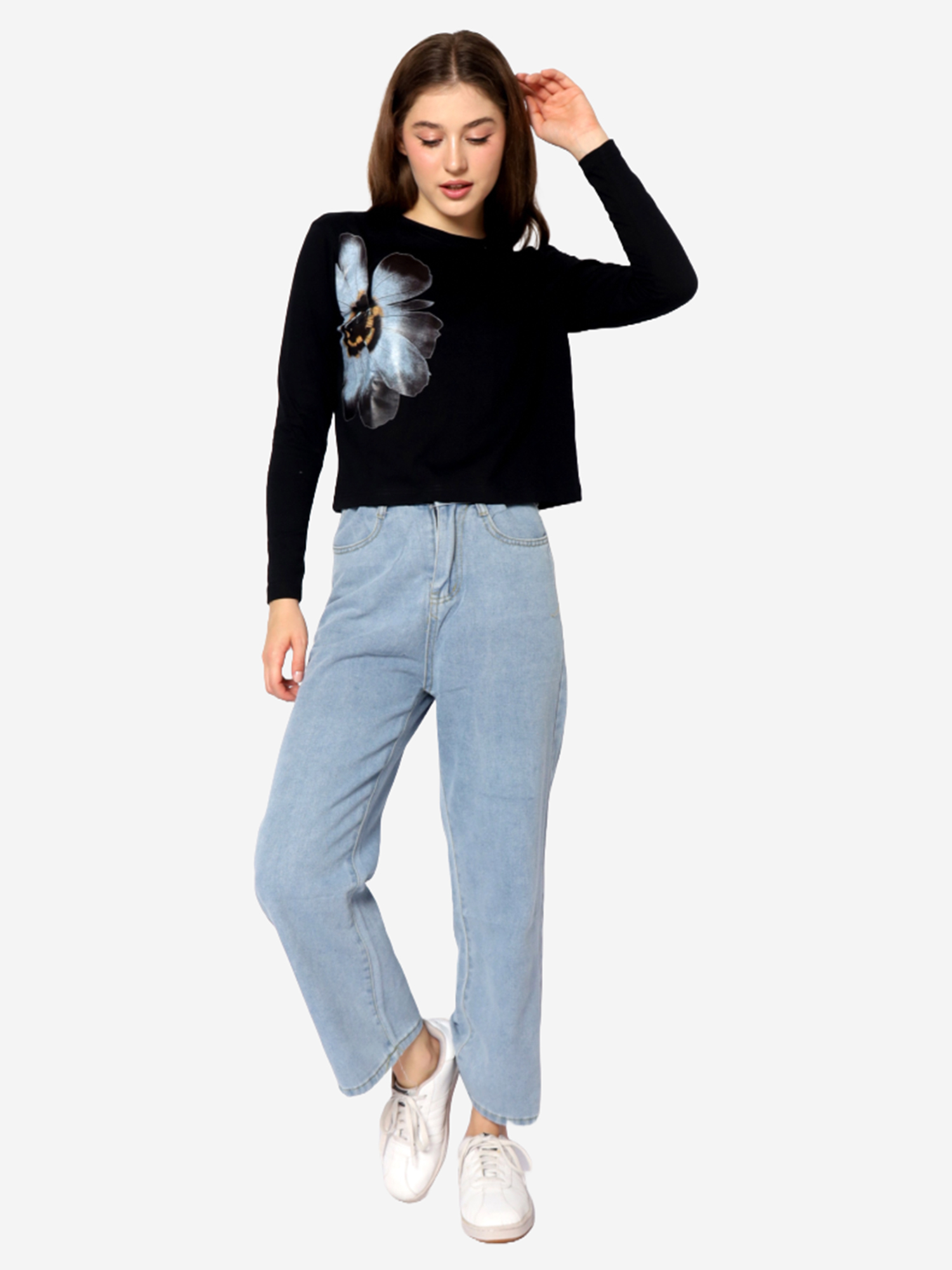 IMELDA - Women's Cotton Black Full Sleeve Crop Tshirt view 3