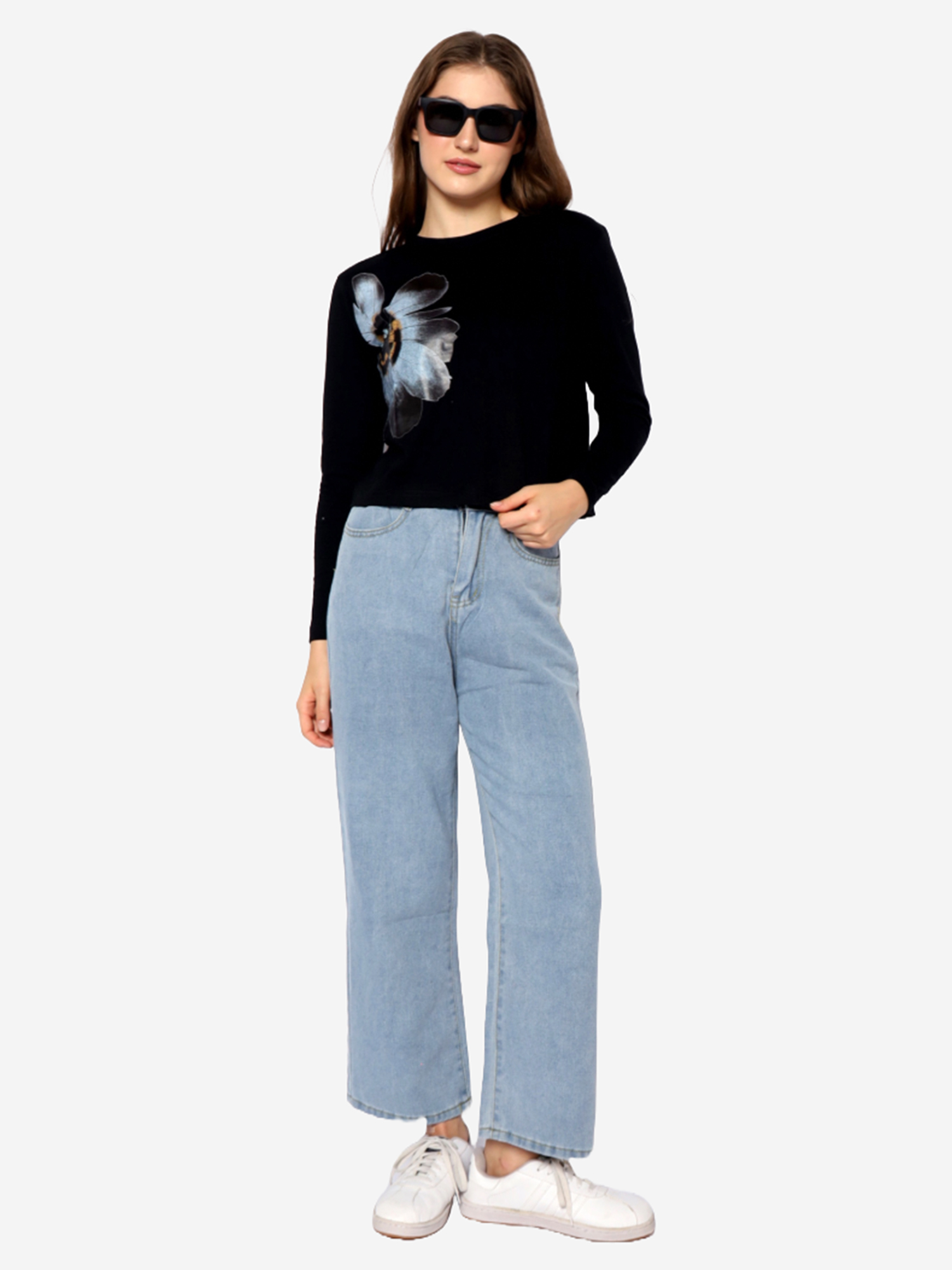 IMELDA - Women's Cotton Black Full Sleeve Crop Tshirt view 2