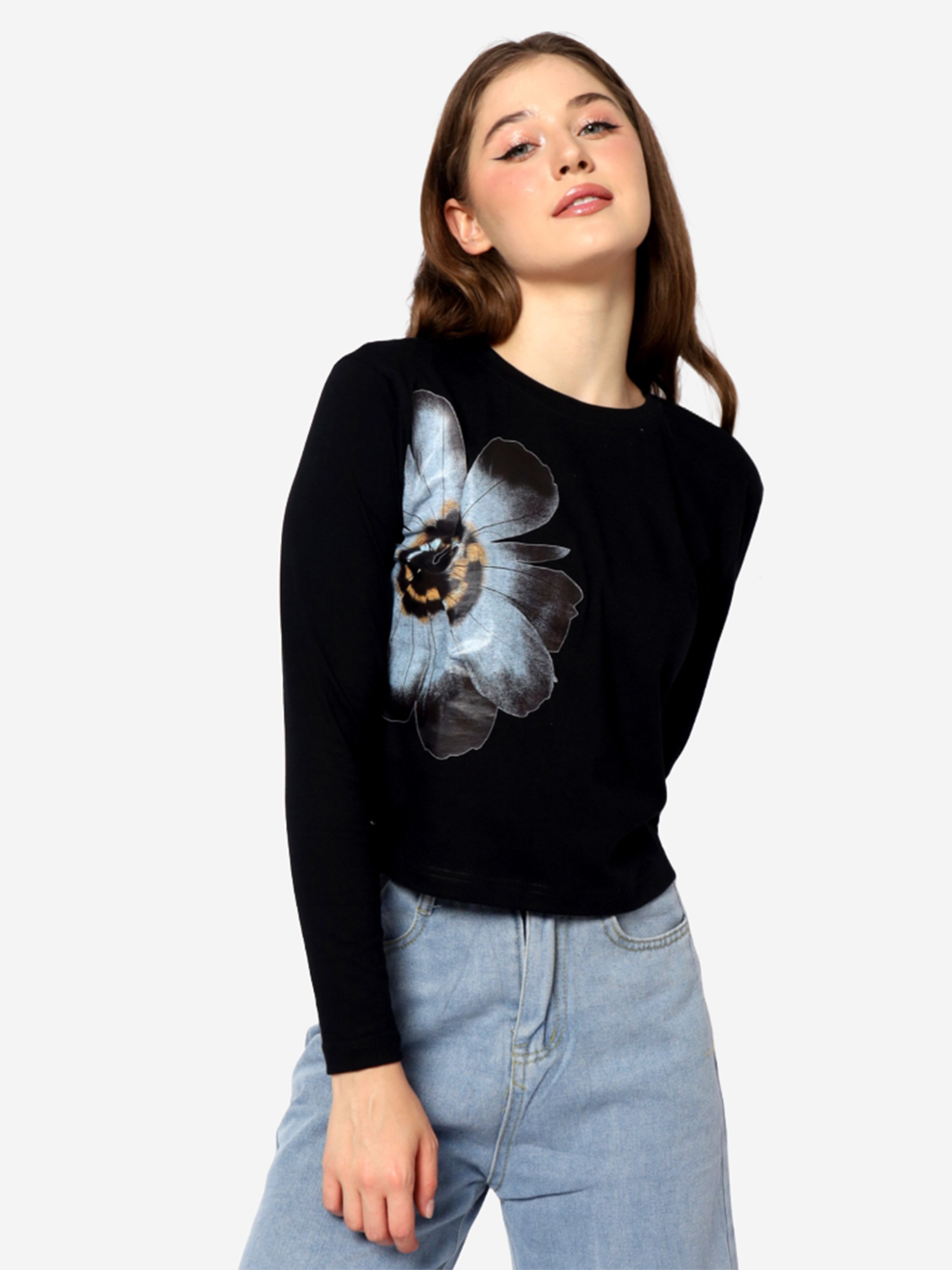 IMELDA - Women's Cotton Black Full Sleeve Crop Tshirt