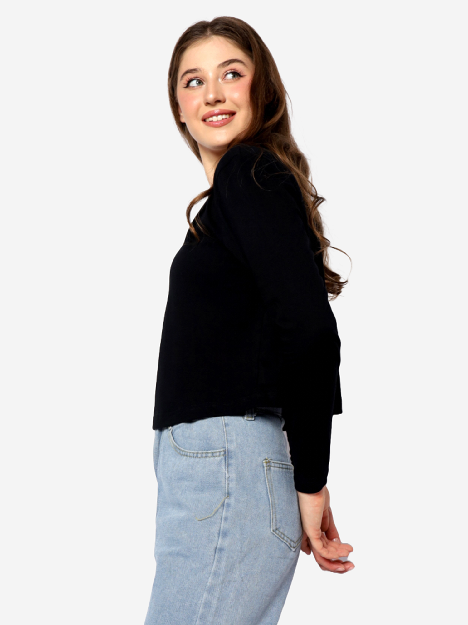 IMELDA - Women's Cotton Black Full Sleeve Crop Tshirt view 4