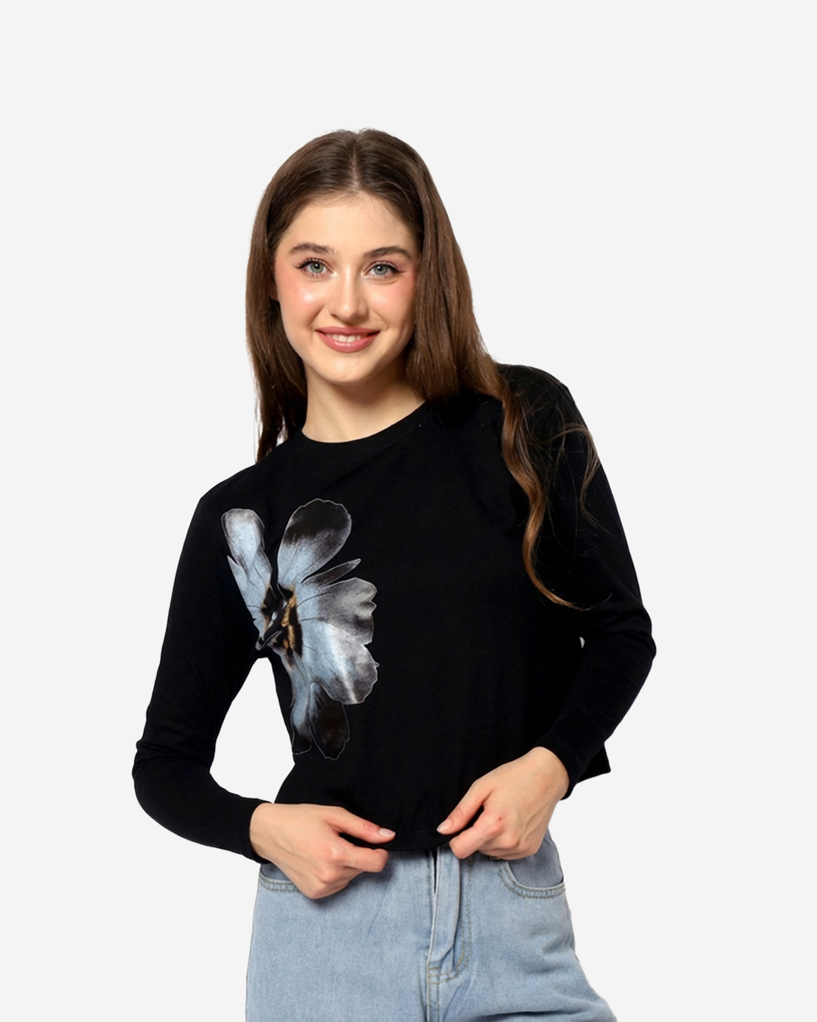 IMELDA - Women's Cotton Black Full Sleeve Crop Tshirt view 5