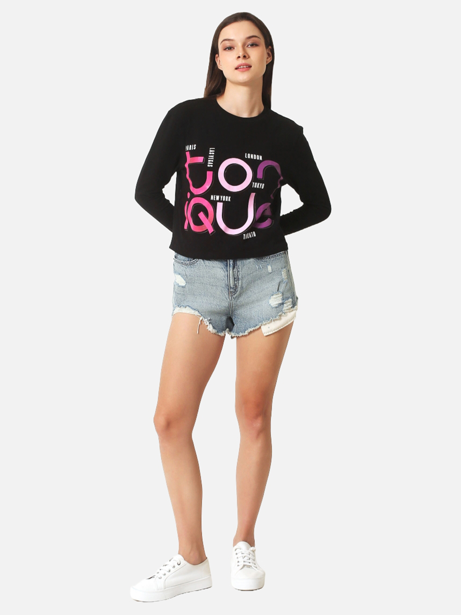 MIA - Women's Cotton Black Full Sleeve Crop Tshirt view 3
