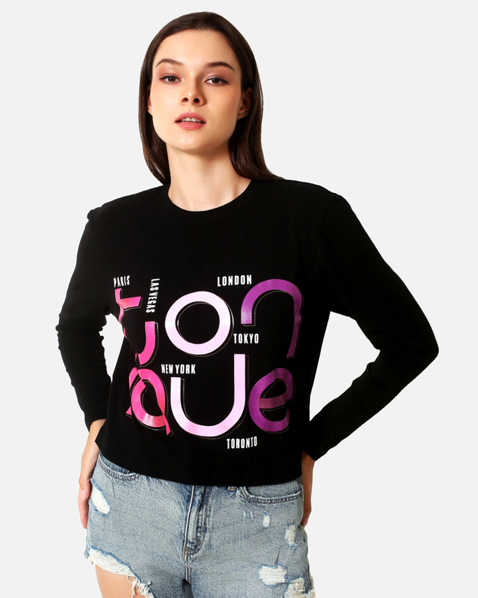 MIA - Women's Cotton Black Full Sleeve Crop Tshirt