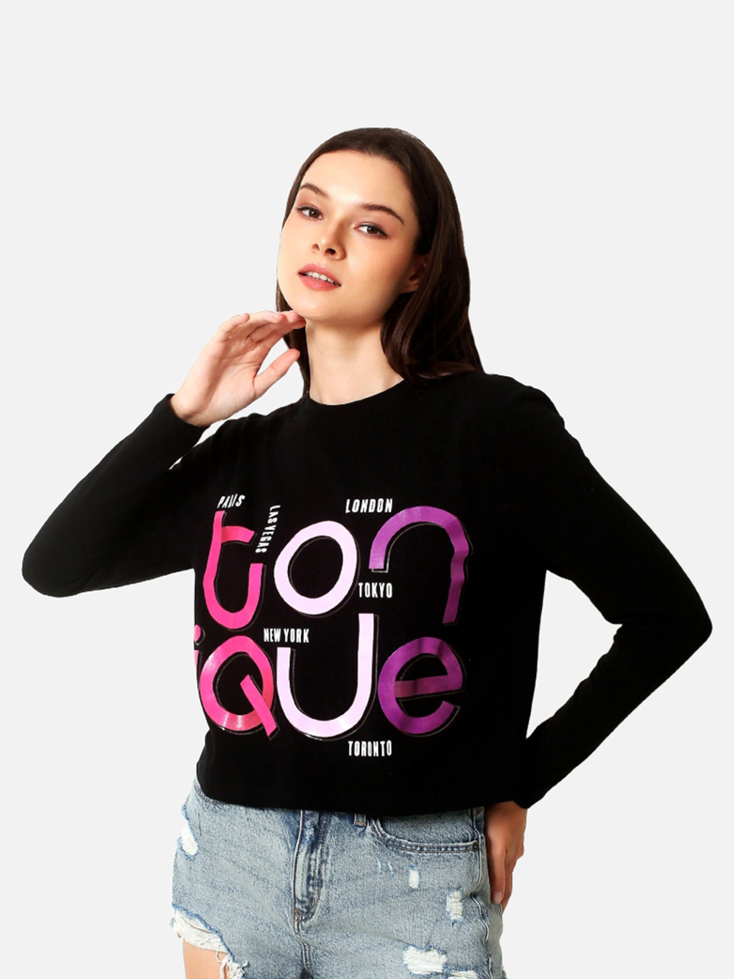 MIA - Women's Cotton Black Full Sleeve Crop Tshirt view 4