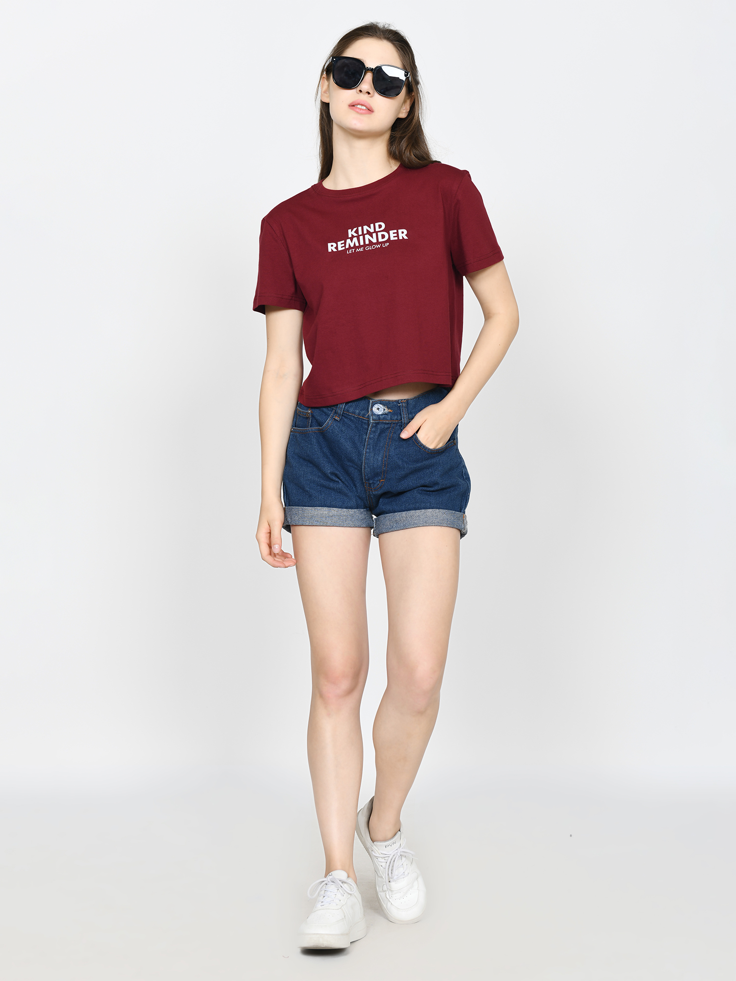 MILEY - Women's Cotton Maroon Crop Tshirt view 2