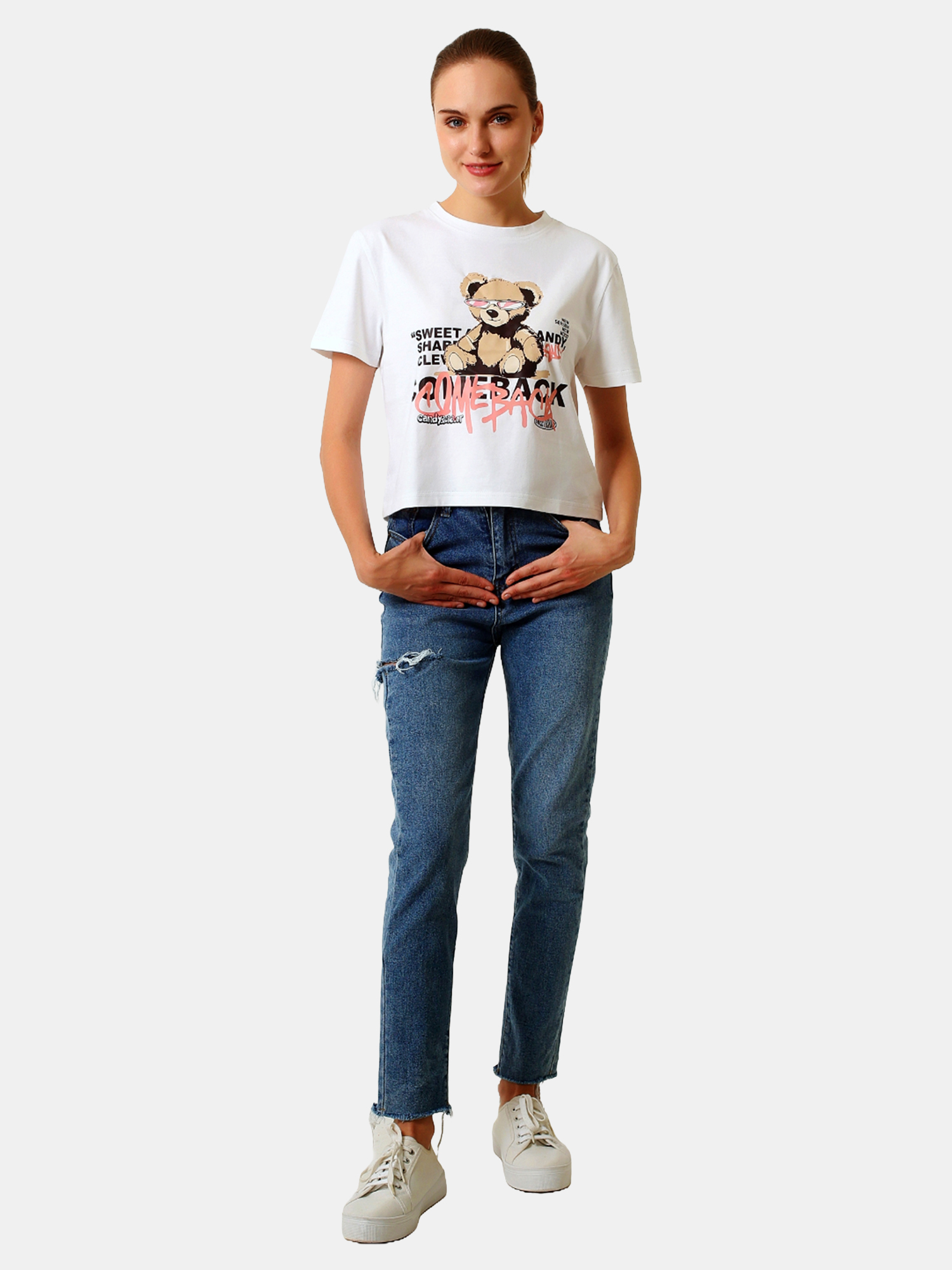 MOCCA - Women's Cotton White Crop Tshirt view 3