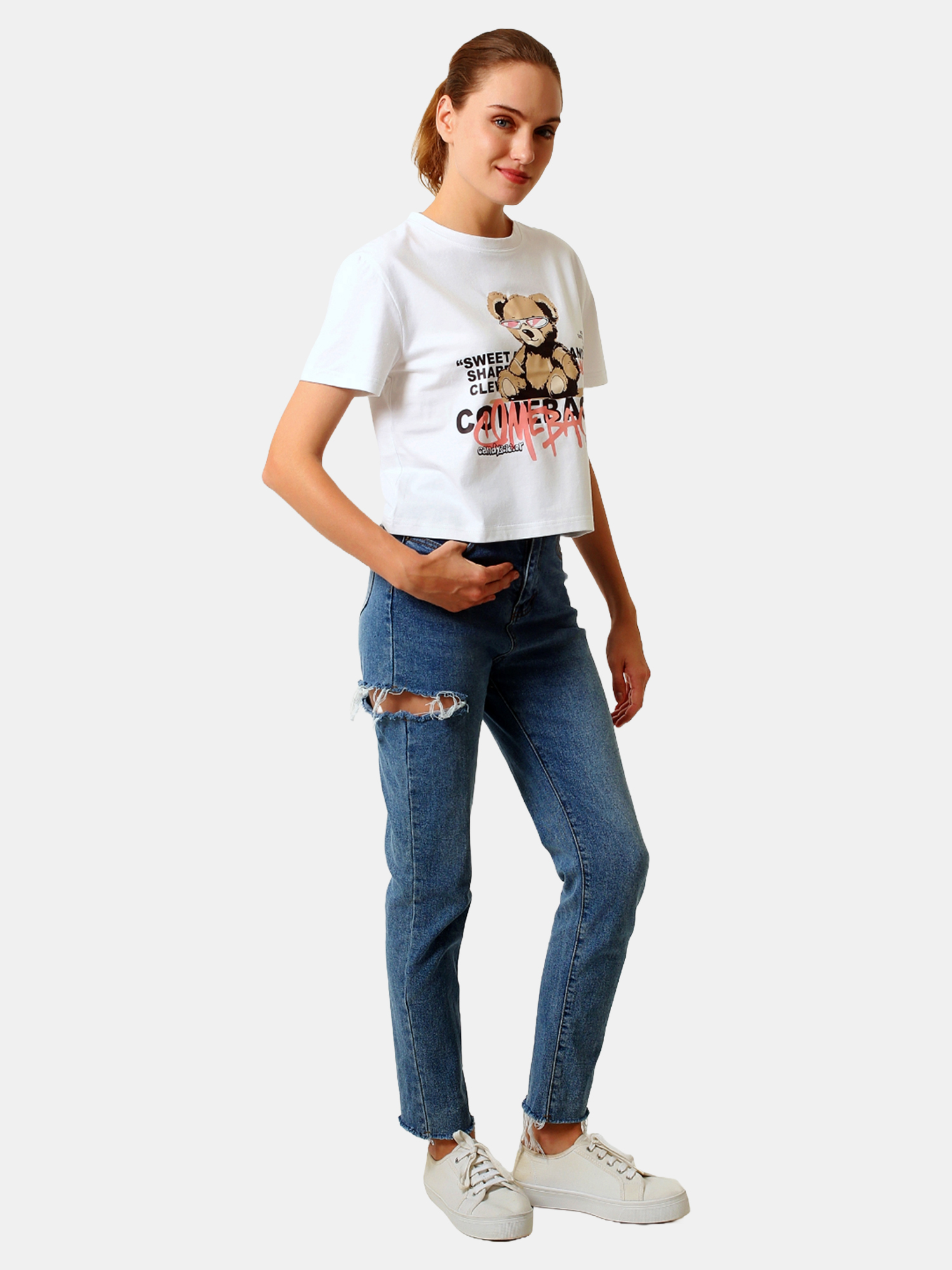 MOCCA - Women's Cotton White Crop Tshirt