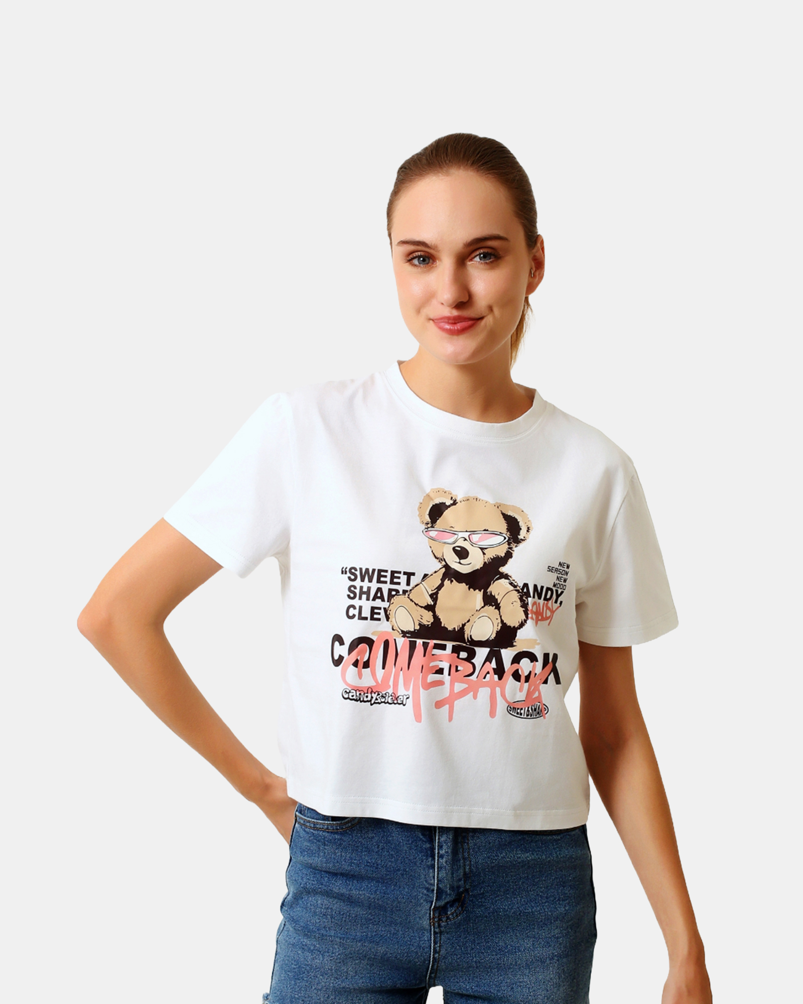 MOCCA - Women's Cotton White Crop Tshirt view 5