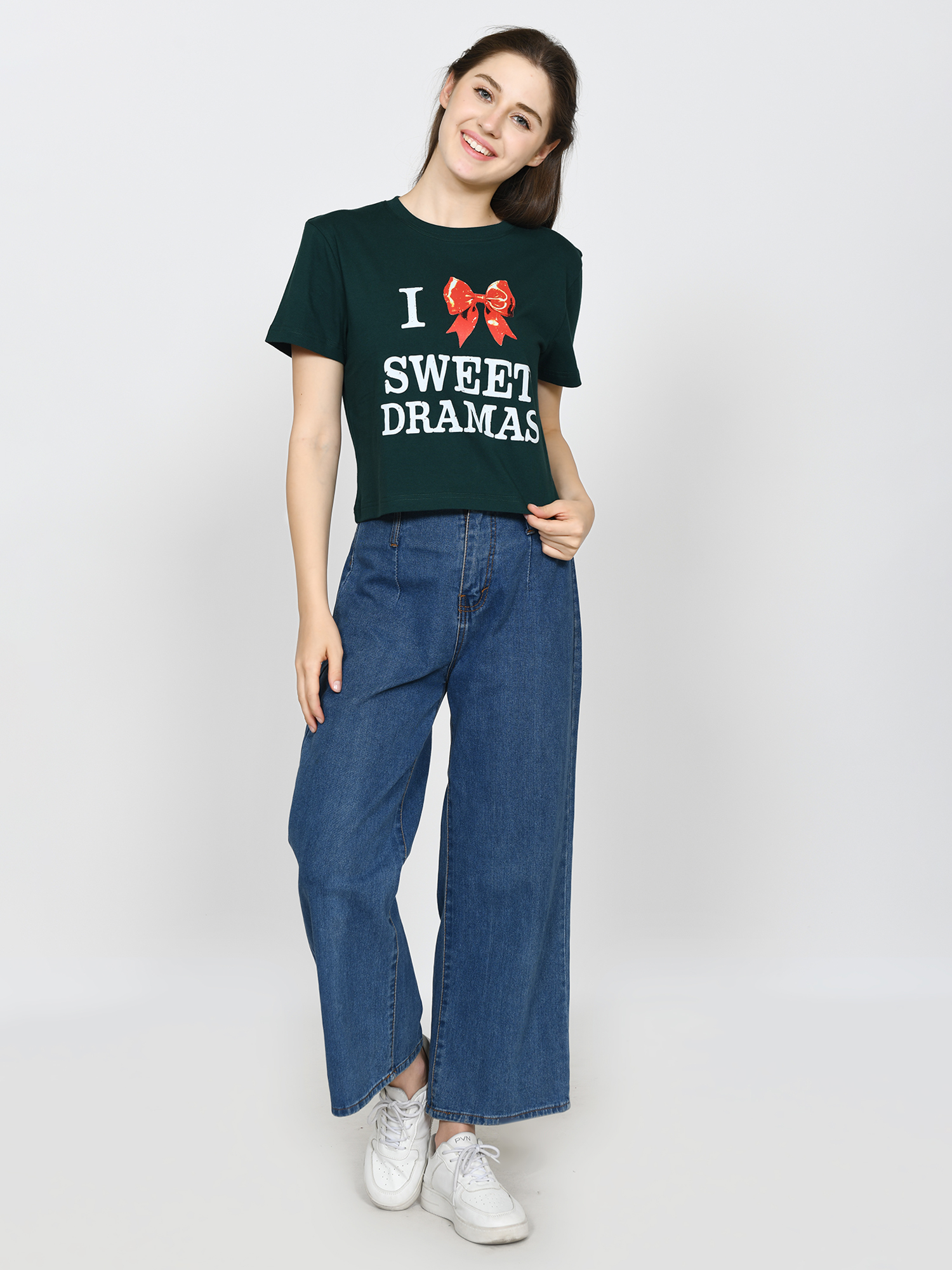 MERRY - Women's Cotton Green Crop Tshirt view 3