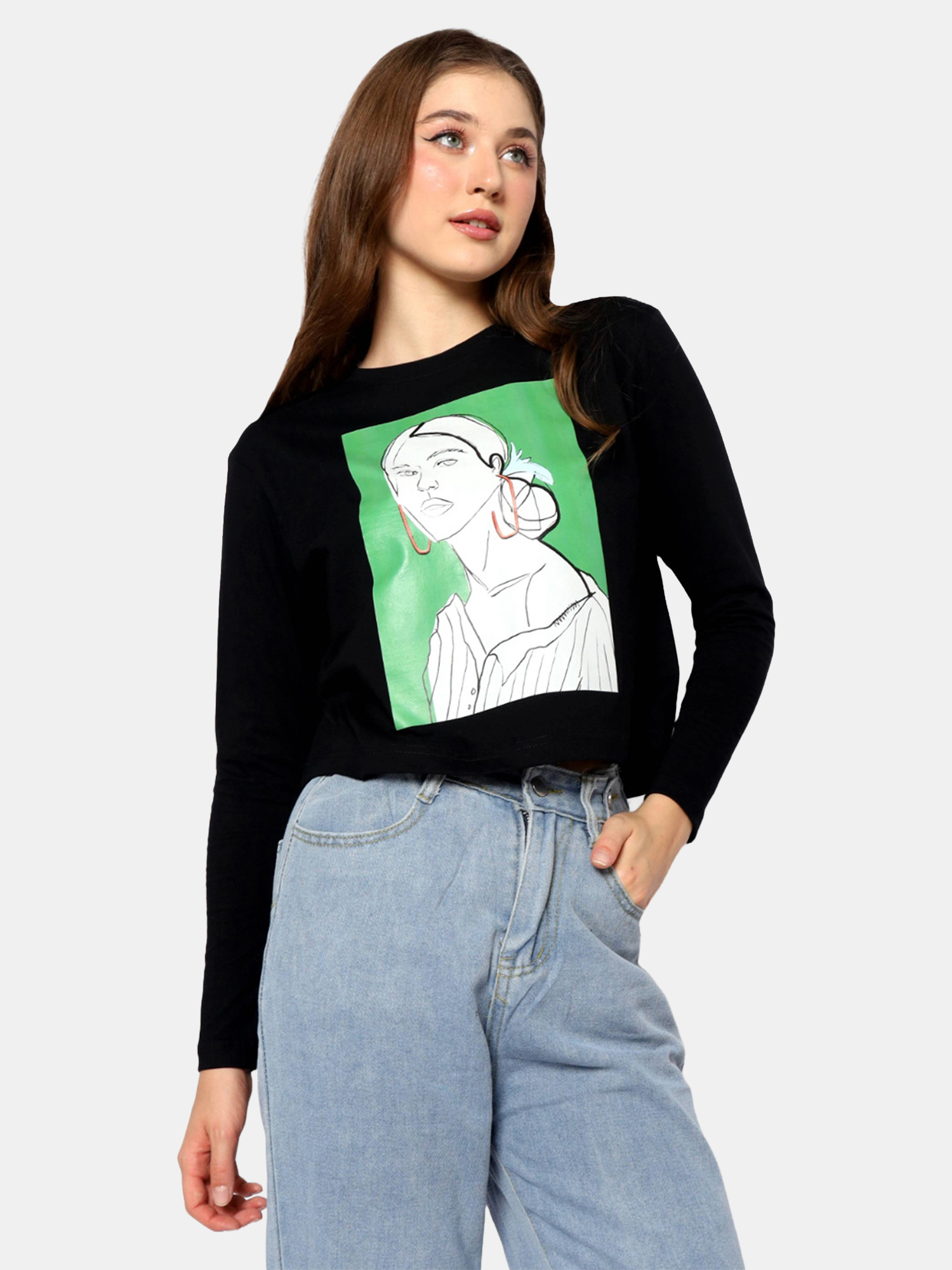 SANDRA - Women's Cotton Black Full Sleeve Crop Tshirt view 3