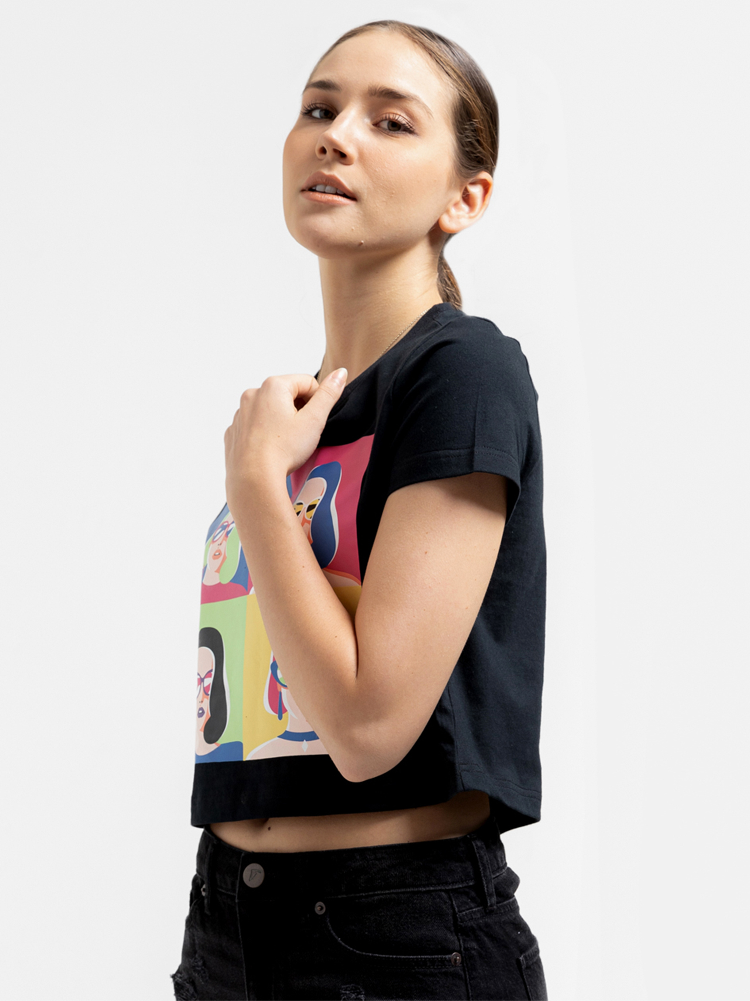 SHERRY - Women's Cotton Black Crop Tshirt view 3