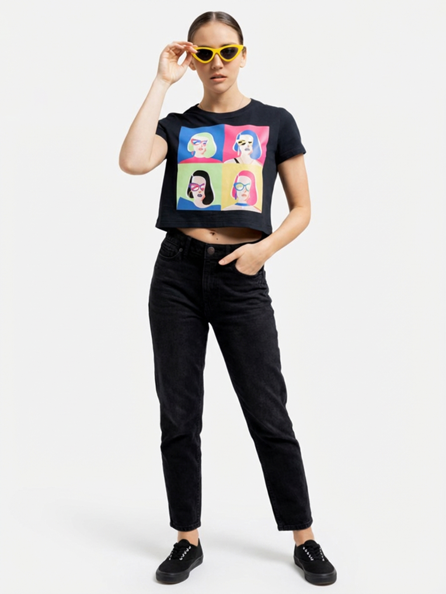SHERRY - Women's Cotton Black Crop Tshirt view 2