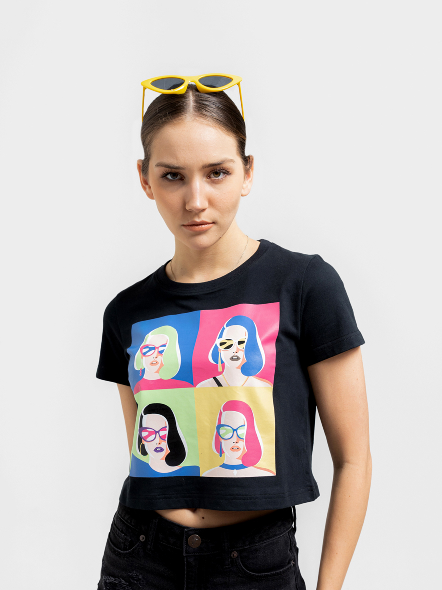 SHERRY - Women's Cotton Black Crop Tshirt view 4