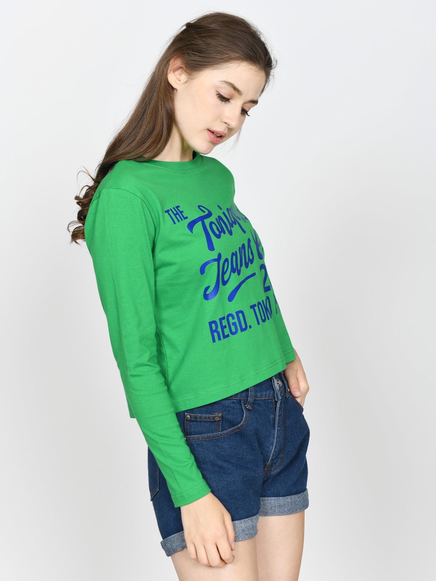 TRACY - Women's Cotton Green Full Sleeve Crop Tshirt view 3