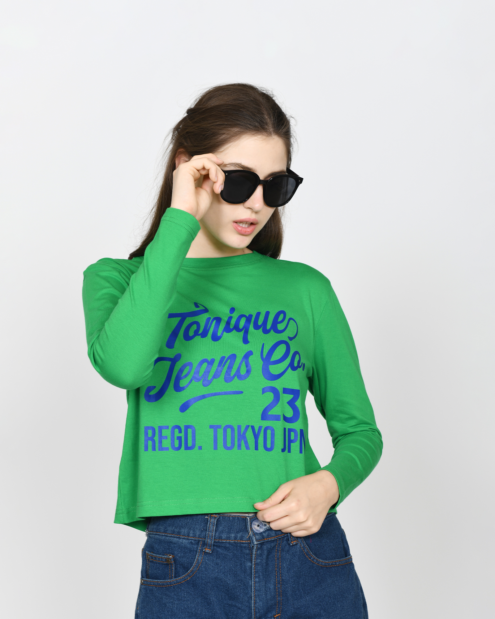 TRACY - Women's Cotton Green Full Sleeve Crop Tshirt view 6
