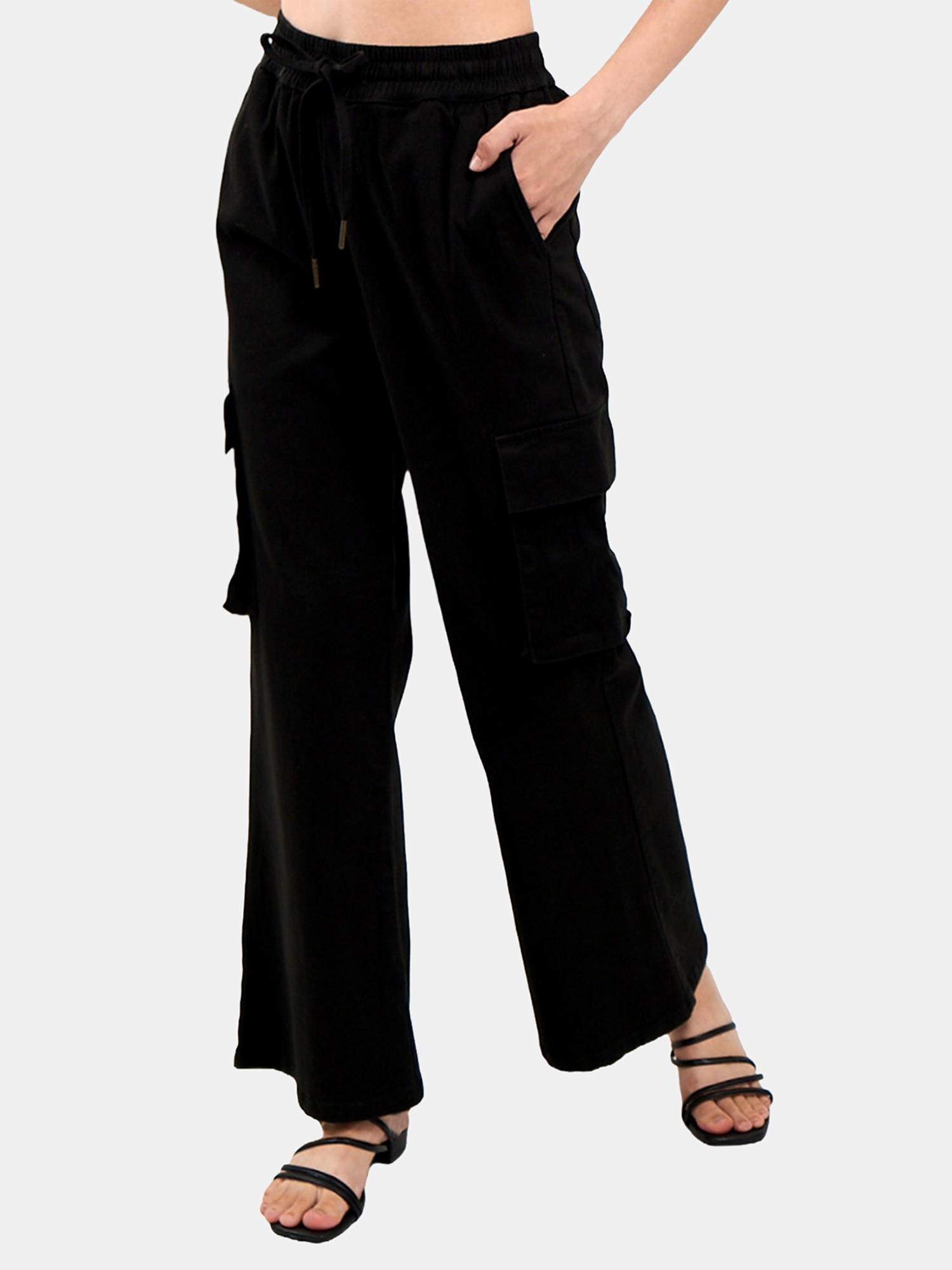 Gia - Women's Black Cotton Cargo Pants view 3