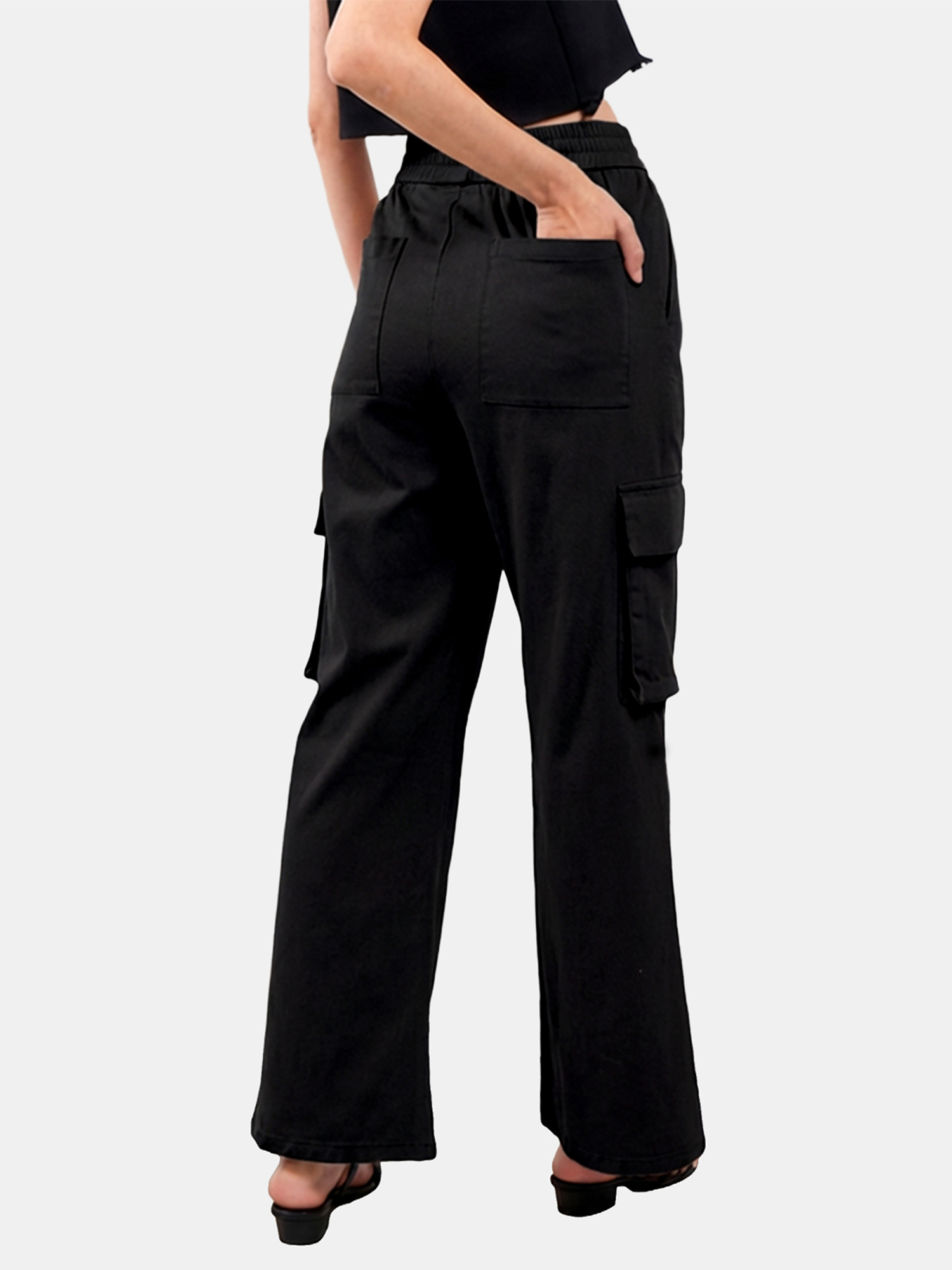 Gia - Women's Black Cotton Cargo Pants view 2
