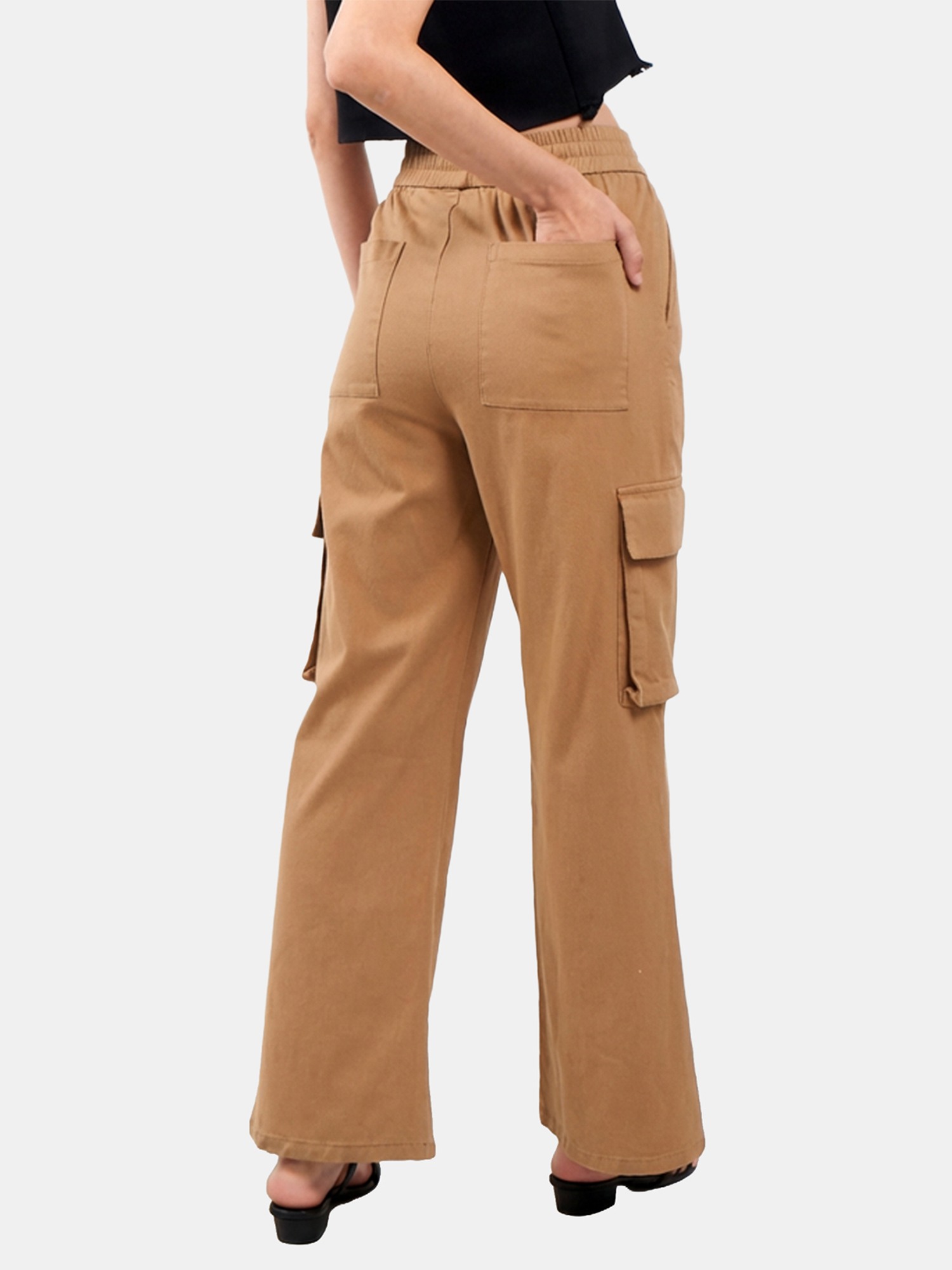 Gia - Women's Brown Cotton Cargo Pants view 2