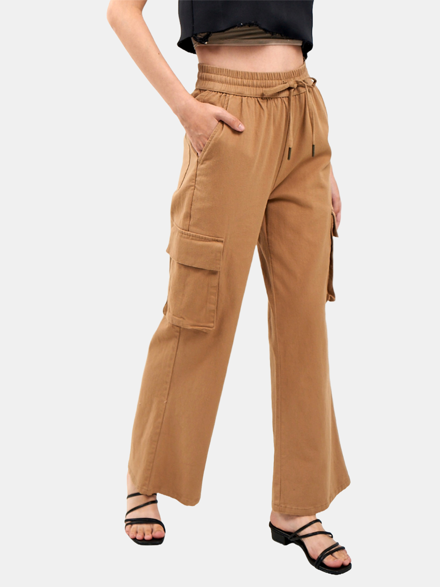 Gia - Women's Brown Cotton Cargo Pants view 3