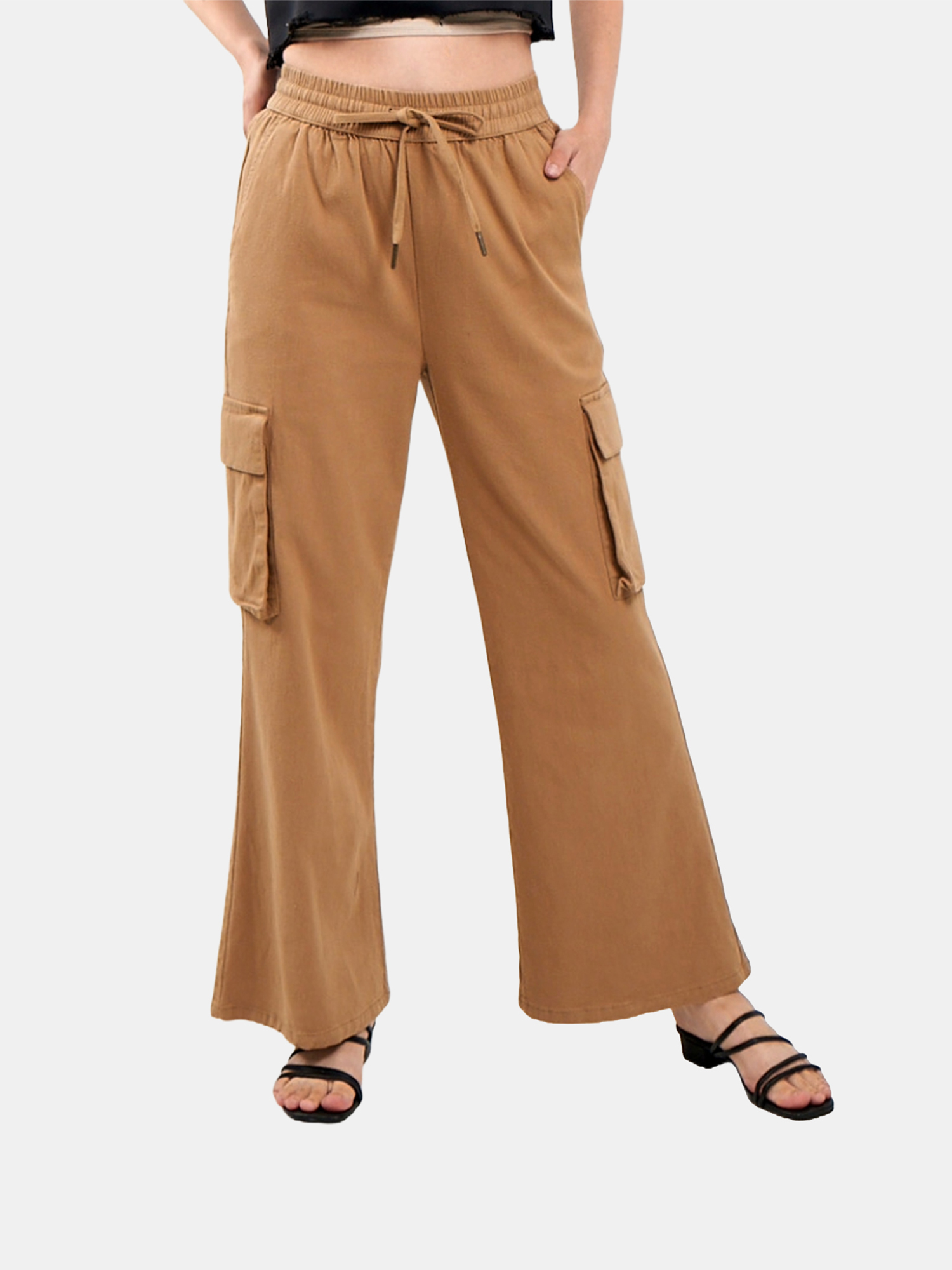 Gia - Women's Brown Cotton Cargo Pants view 4