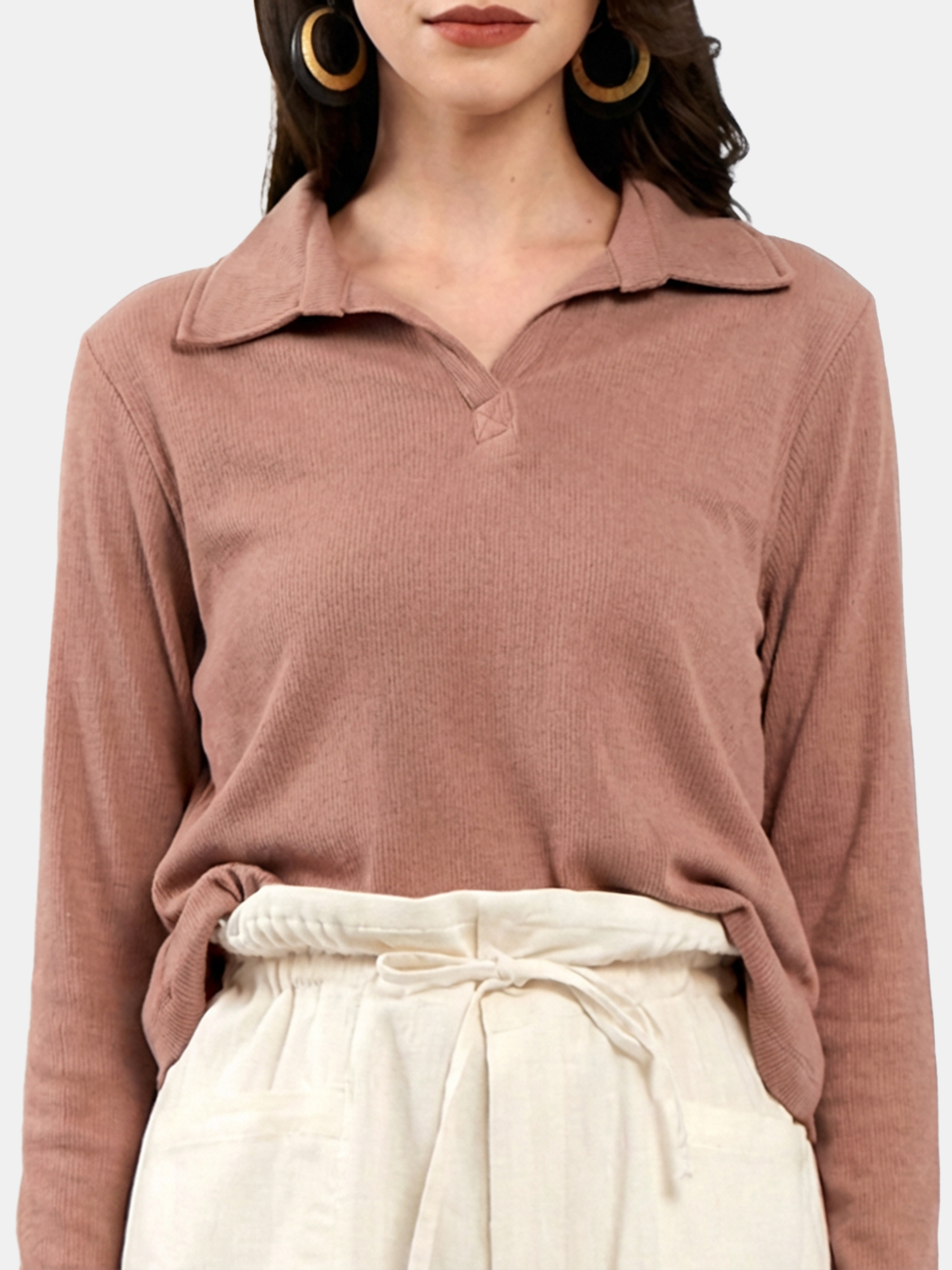 Kelly - Women's Cotton Full sleeve Beige Top view 2
