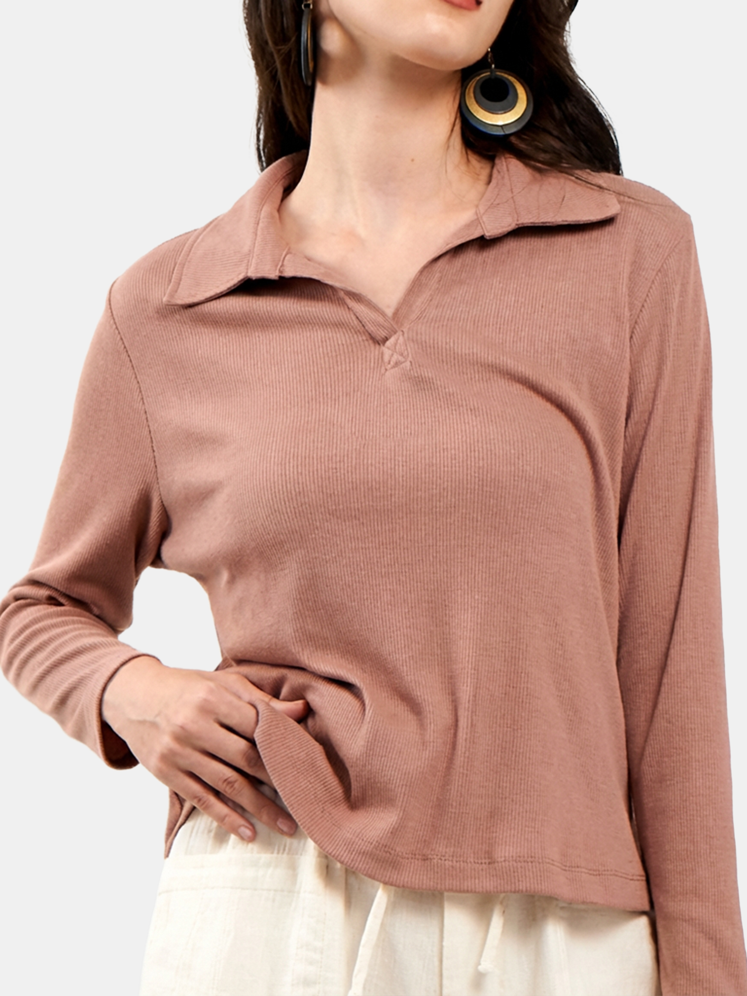 Kelly - Women's Cotton Full sleeve Beige Top view 3