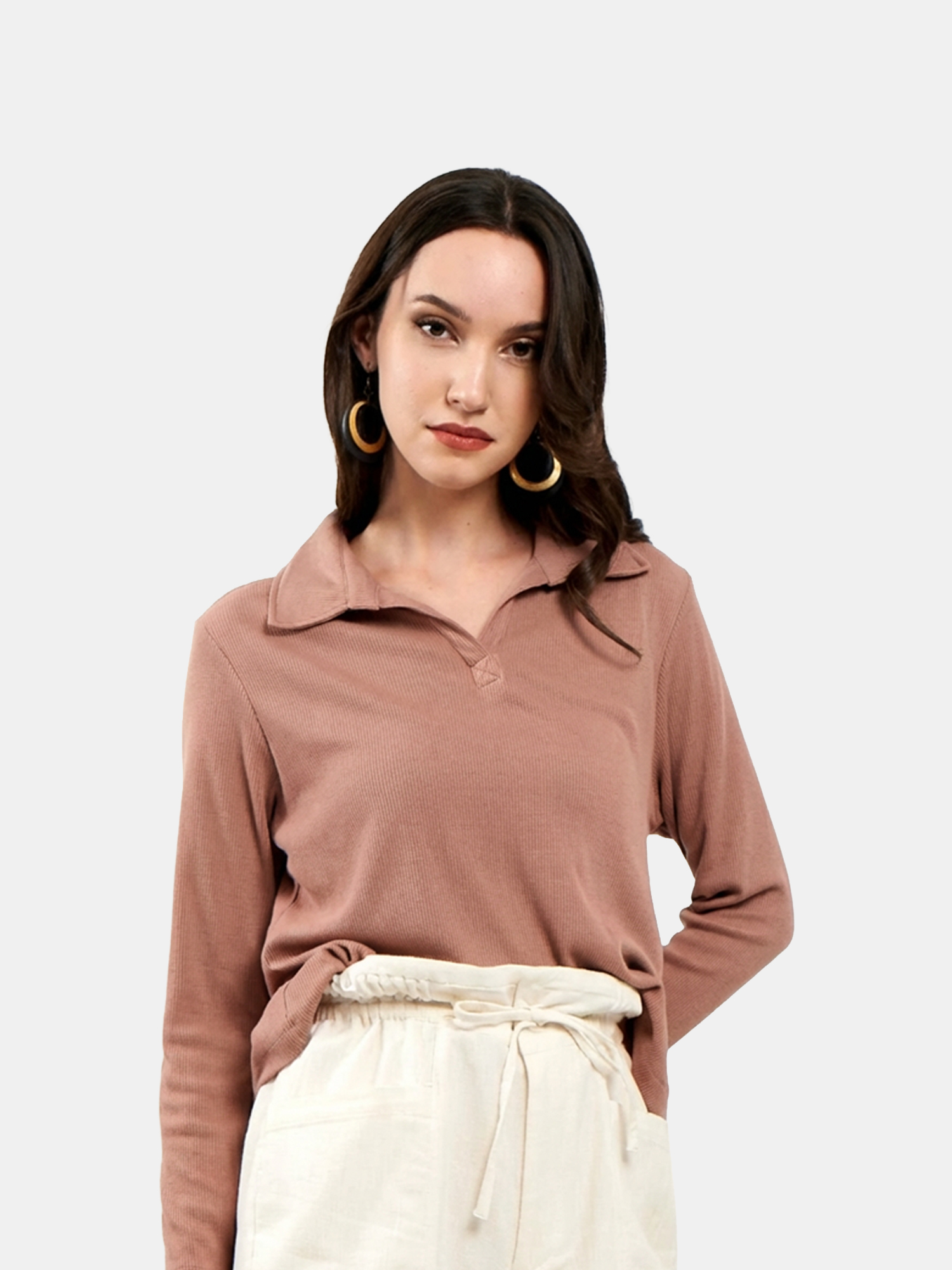 Kelly - Women's Cotton Full sleeve Beige Top view 4