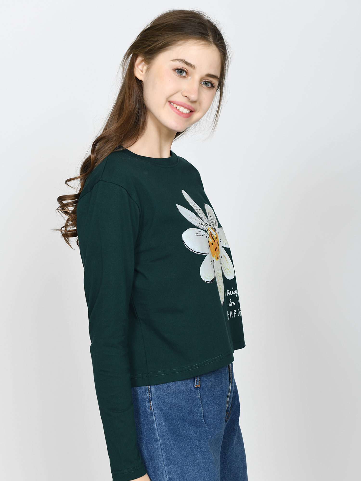 FLOWER - Women's Cotton Green Full Sleeve Cropped Tshirt view 4