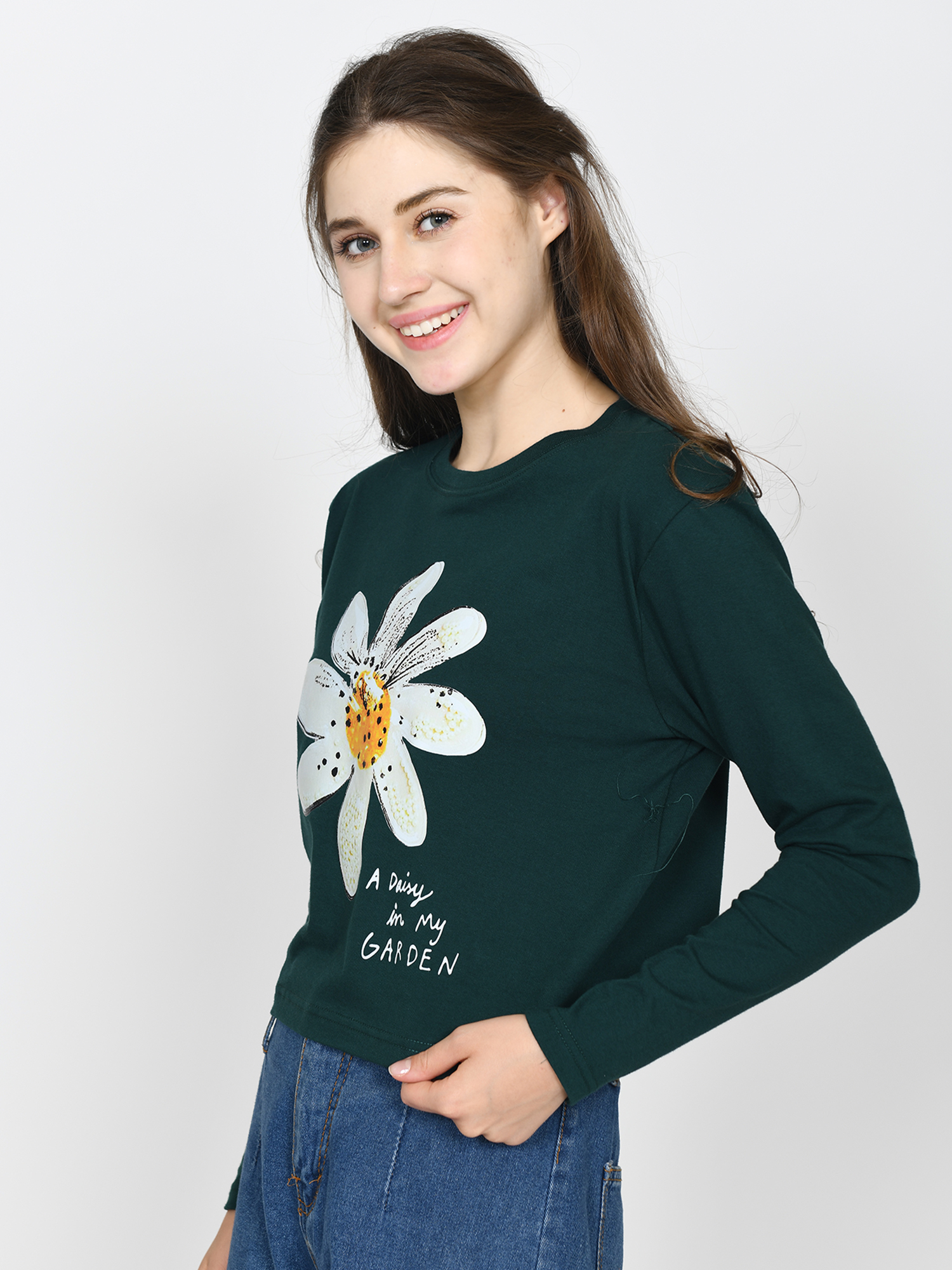 FLOWER - Women's Cotton Green Full Sleeve Cropped Tshirt view 3