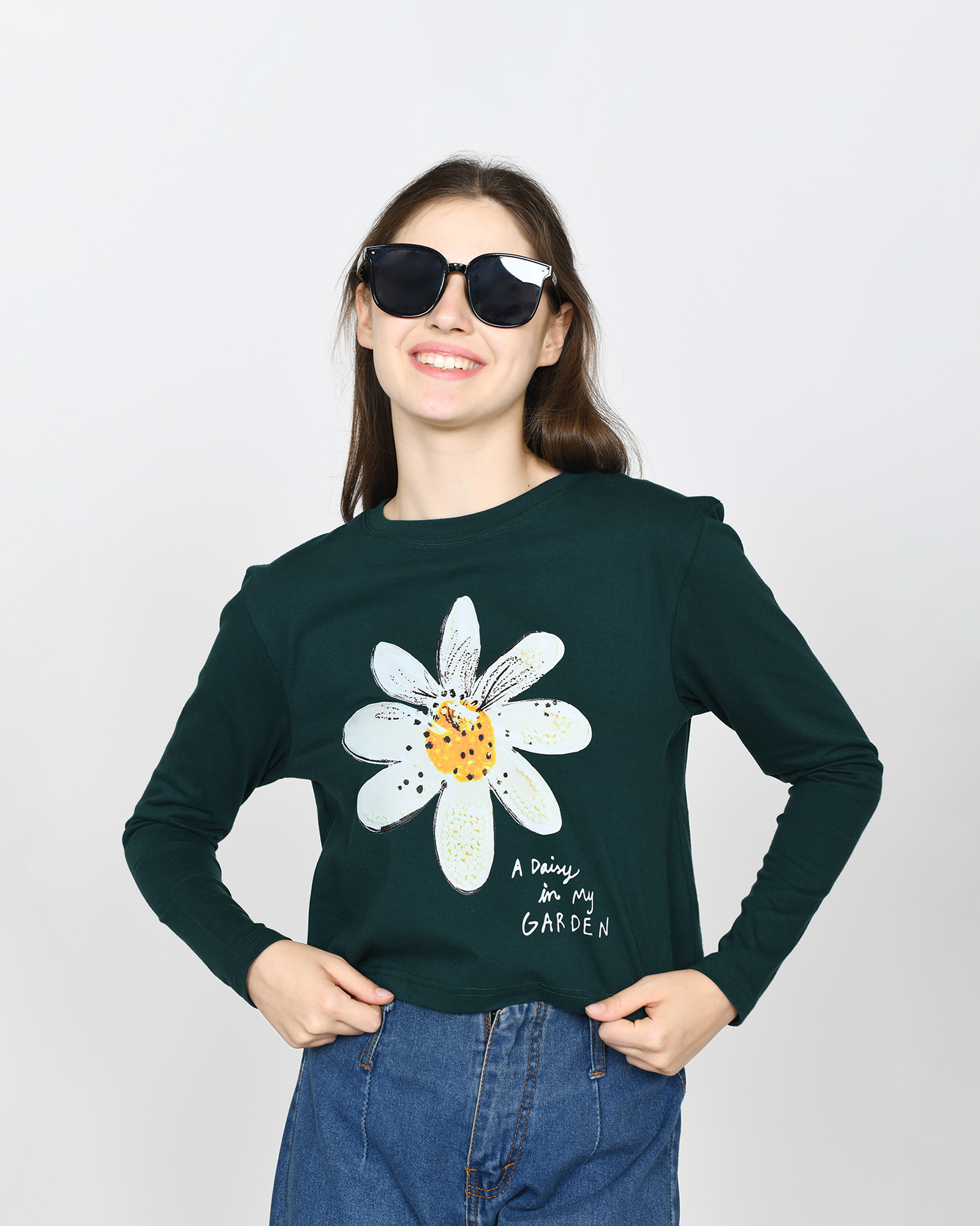 FLOWER - Women's Cotton Green Full Sleeve Cropped Tshirt view 6