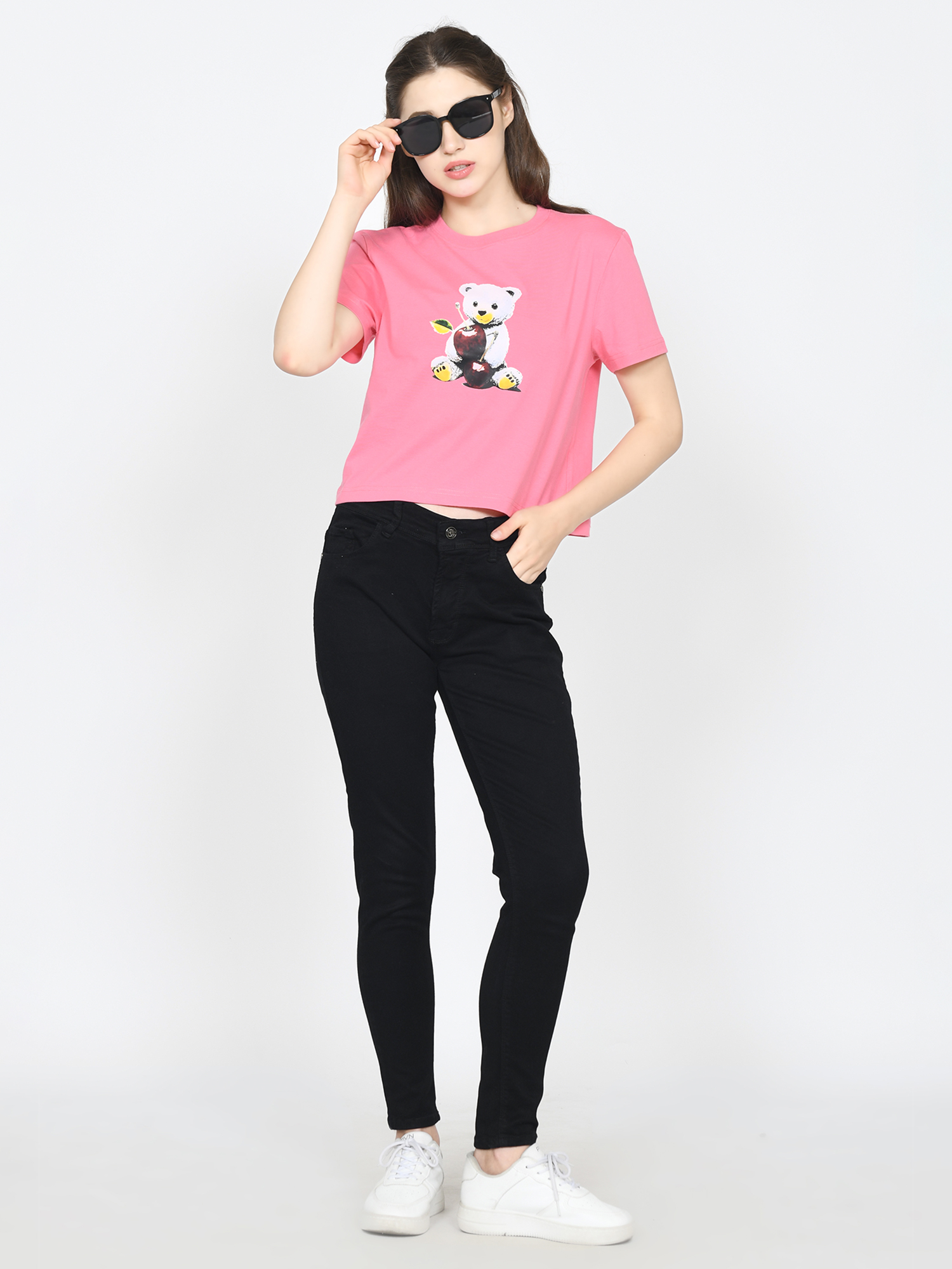 TEDDY - Women's Cotton Pink Cropped Tshirt view 3
